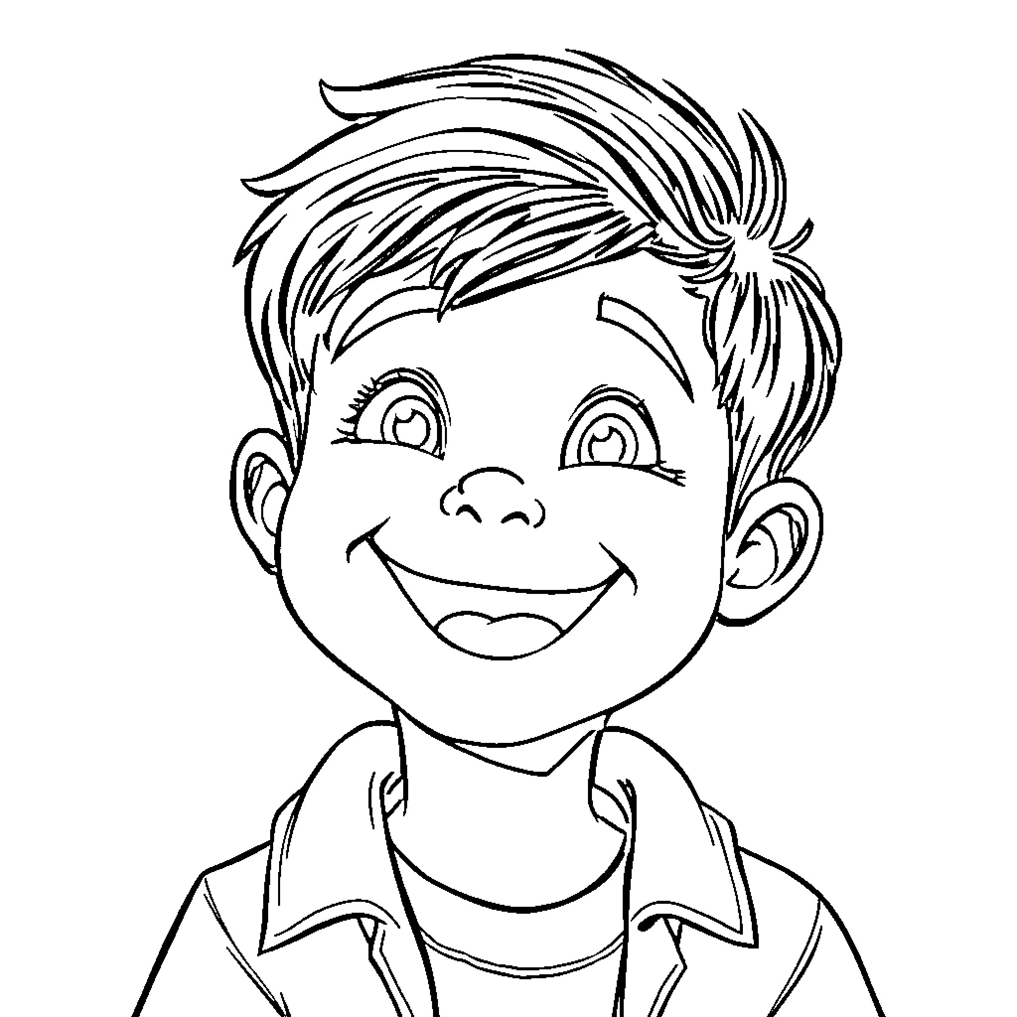 A Smiling Boy with Distinctive Hairstyle Coloring Page (free black-and-white line drawing printable PDF for all, from beginners to advanced learners, including children, teens, adults, and seniors)