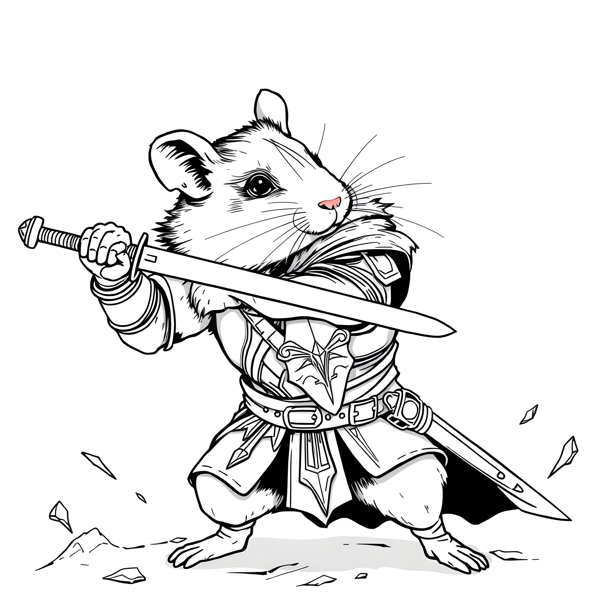 Hamster warrior with sword fighting pose Coloring Page (free black-and-white line drawing printable PDF for all, from beginners to advanced learners, including children, teens, adults, and seniors)