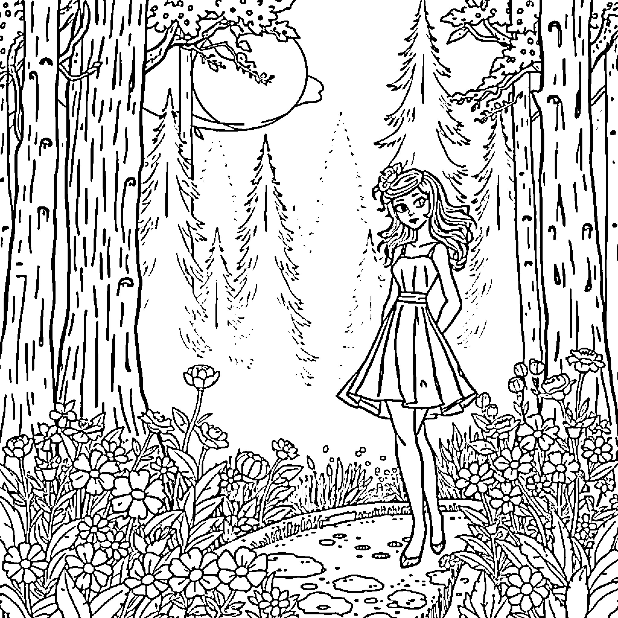 Snow White in a Magical Forest Landscape Coloring Page (free black-and-white line drawing printable PDF for all, from beginners to advanced learners, including children, teens, adults, and seniors)