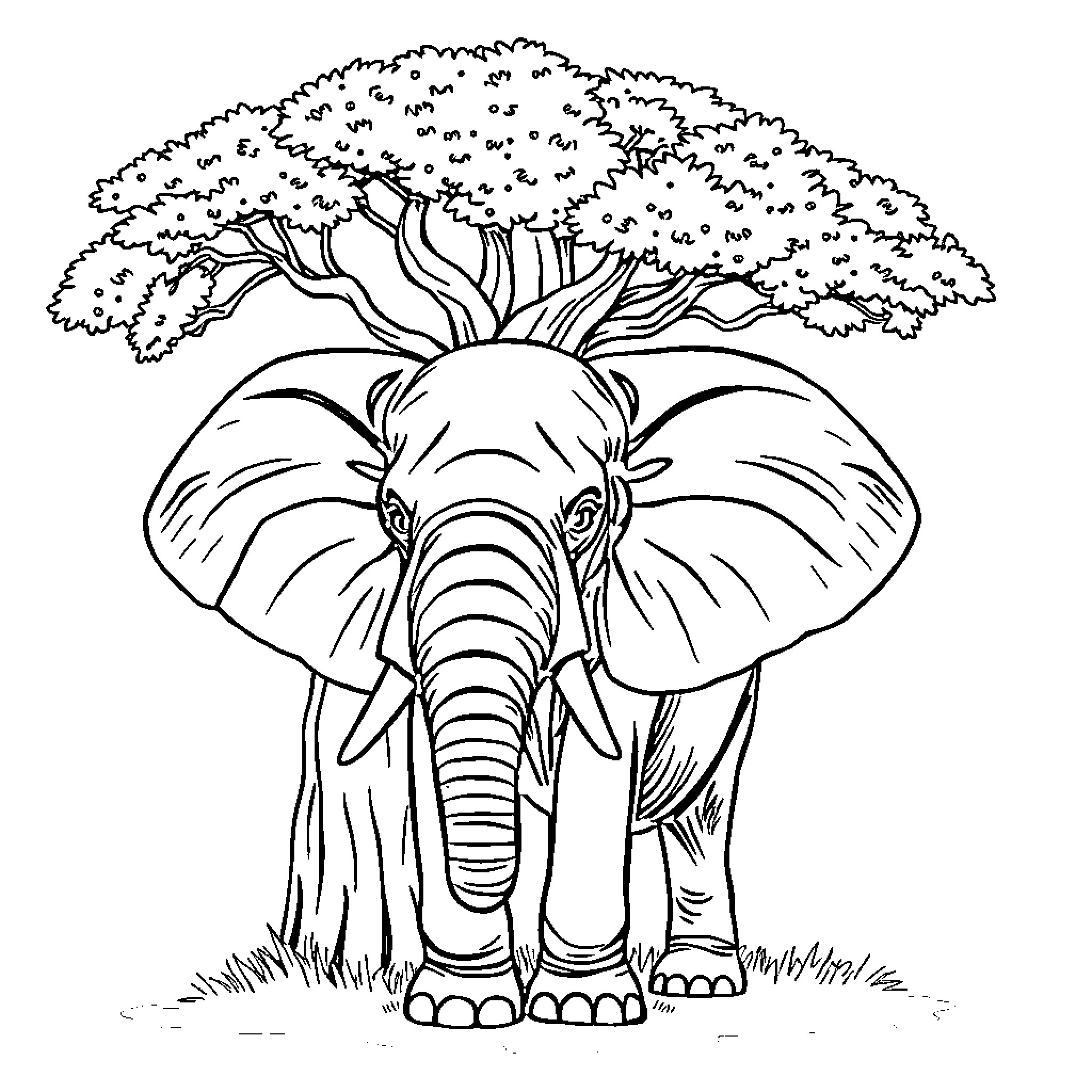 Elephant enjoying shade under a large tree Coloring Page (free black-and-white line drawing printable PDF for all, from beginners to advanced learners, including children, teens, adults, and seniors)