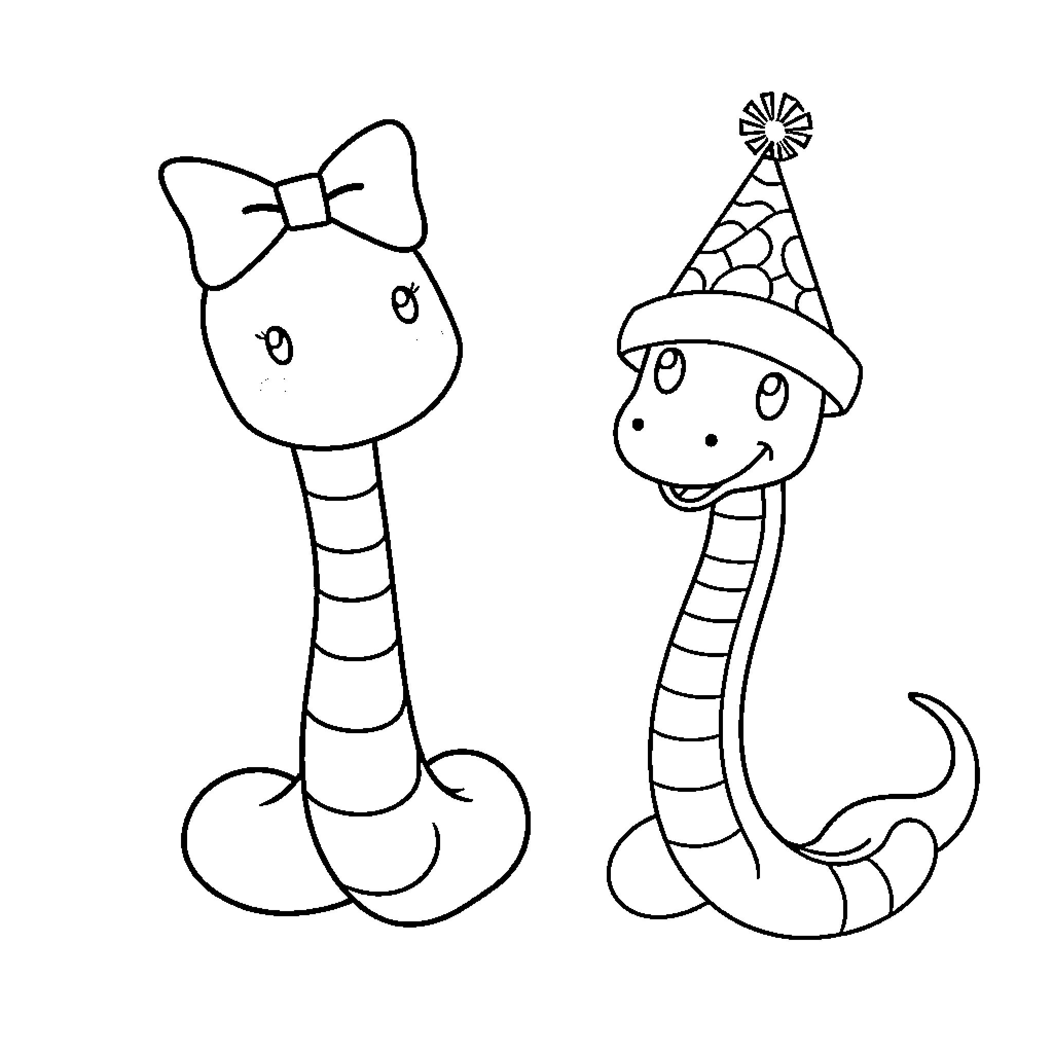 Snake dressed up in festive accessories Coloring Page (free black-and-white line drawing printable PDF for all, from beginners to advanced learners, including children, teens, adults, and seniors)