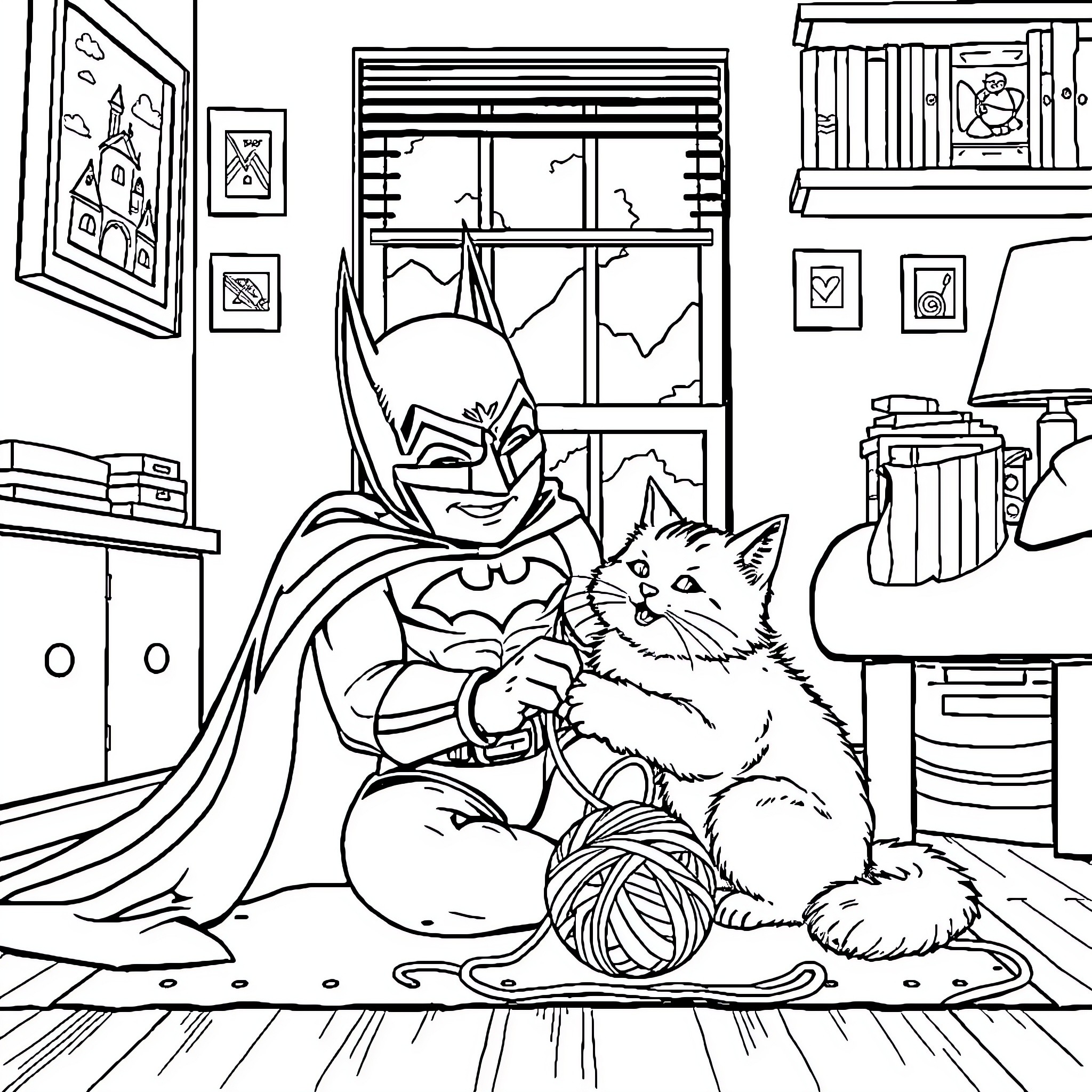 Batman playing with a playful kitten in a cozy study Coloring Page (free black-and-white line drawing printable PDF for all, from beginners to advanced learners, including children, teens, adults, and seniors)