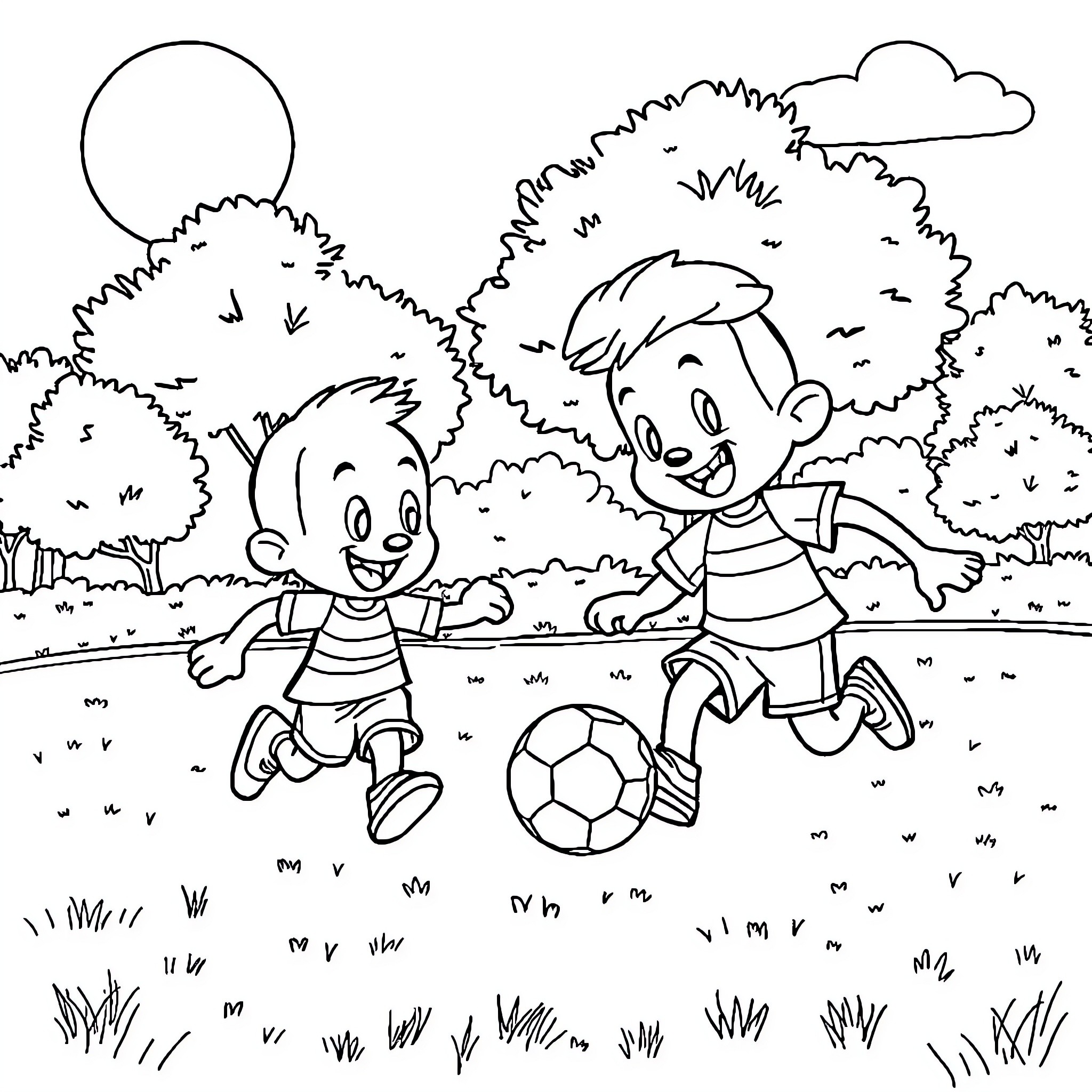 Bluey and friends playing soccer in the park Coloring Page (free black-and-white line drawing printable PDF for all, from beginners to advanced learners, including children, teens, adults, and seniors)