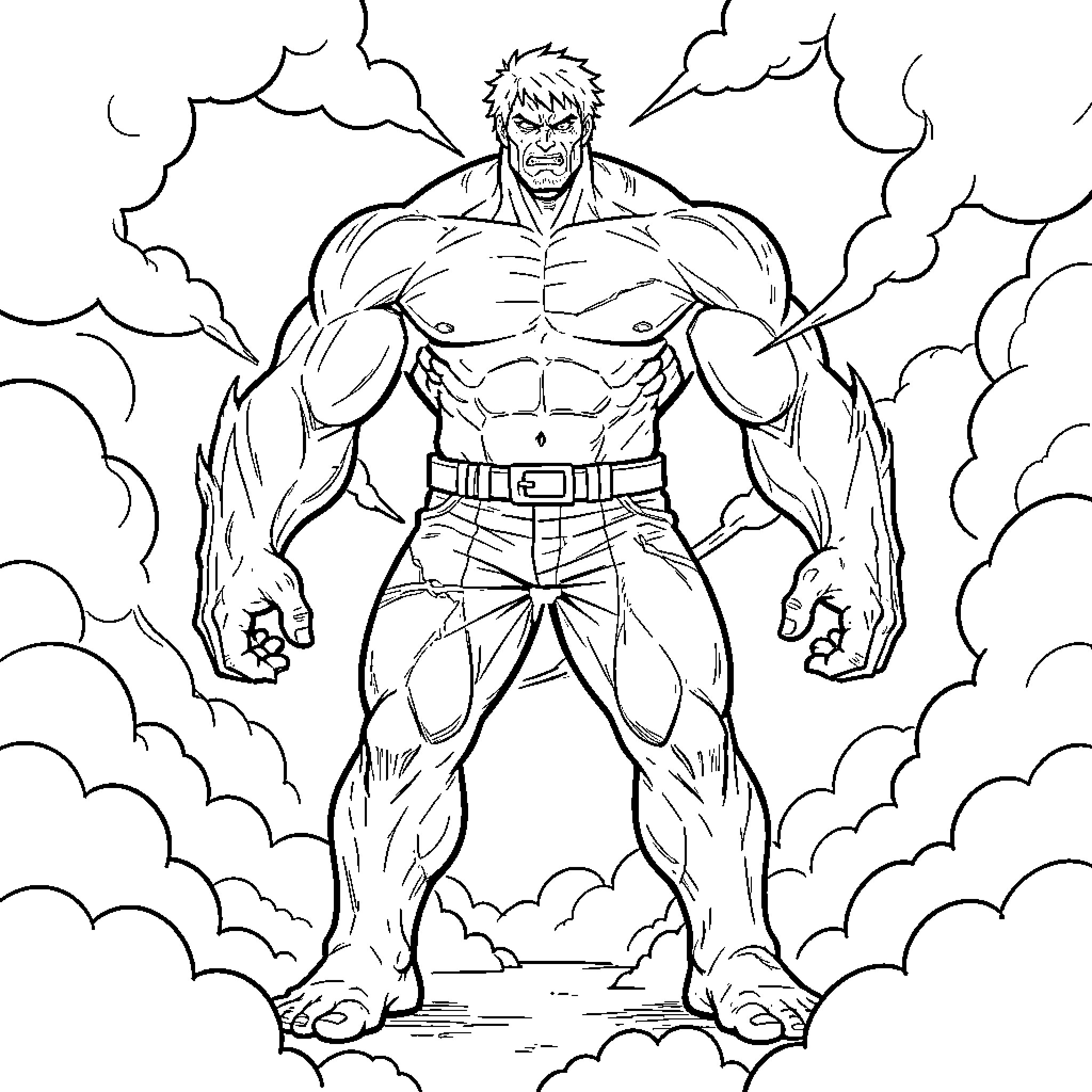 Eren Yeager's powerful transformation in a cloudy setting Coloring Page (free black-and-white line drawing printable PDF for all, from beginners to advanced learners, including children, teens, adults, and seniors)