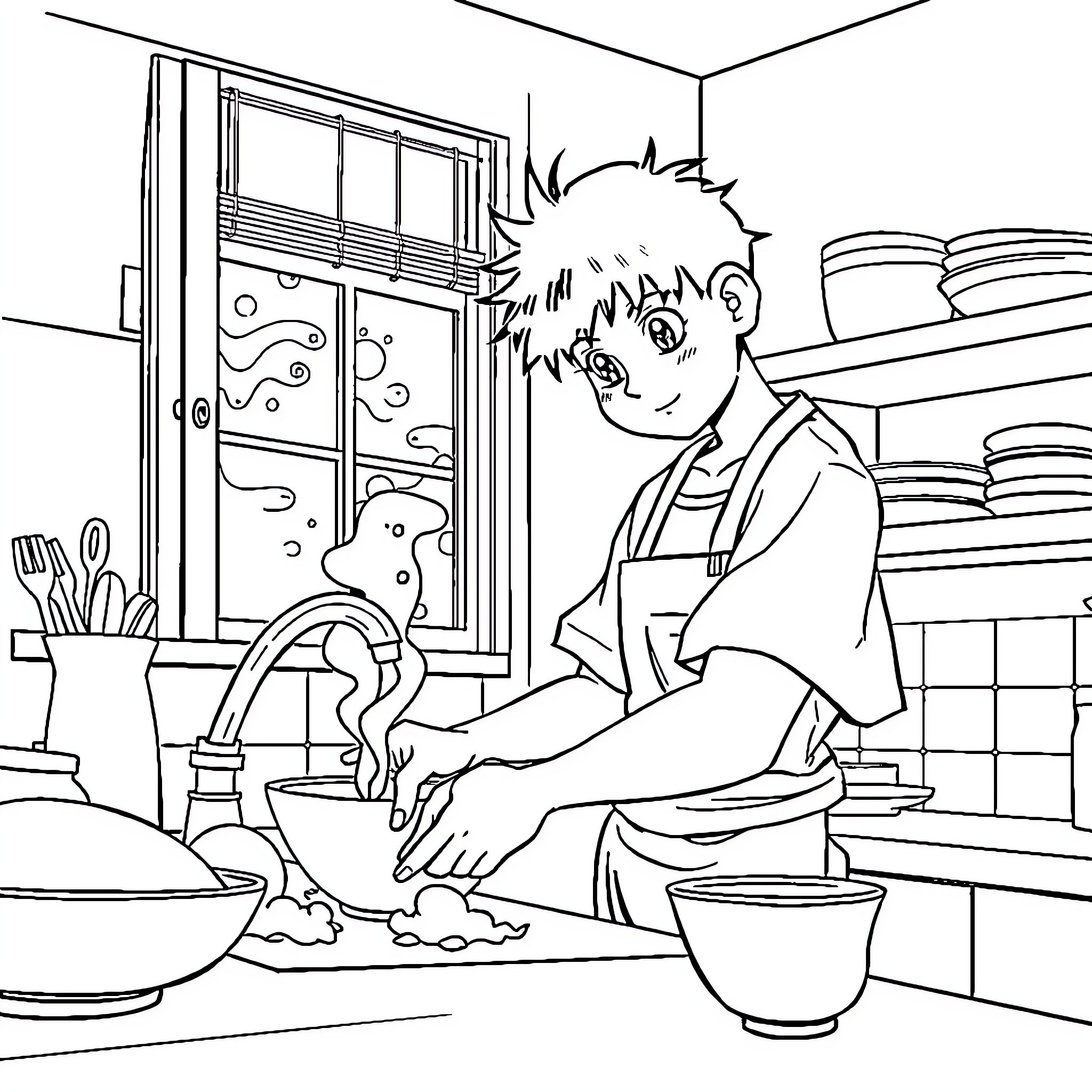 Tanjiro Helping with Household Chores Coloring Page (free black-and-white line drawing printable PDF for all, from beginners to advanced learners, including children, teens, adults, and seniors)