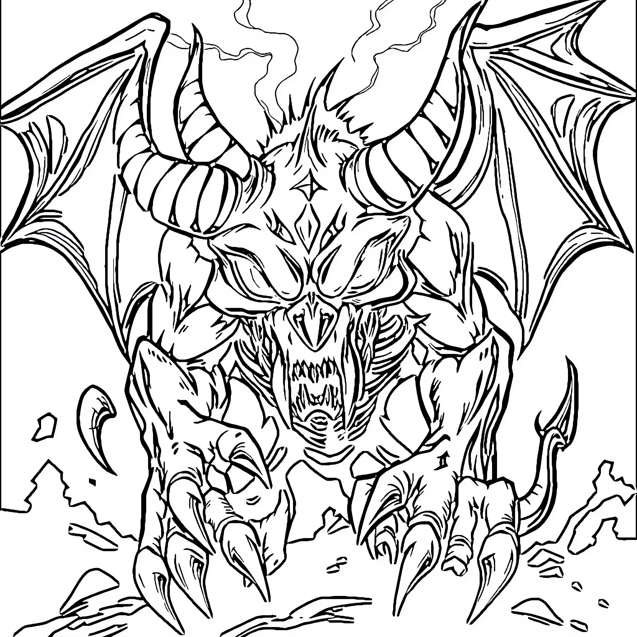 Devilstar's Ferocious Presence in the Shadows Coloring Page (free black-and-white line drawing printable PDF for all, from beginners to advanced learners, including children, teens, adults, and seniors)