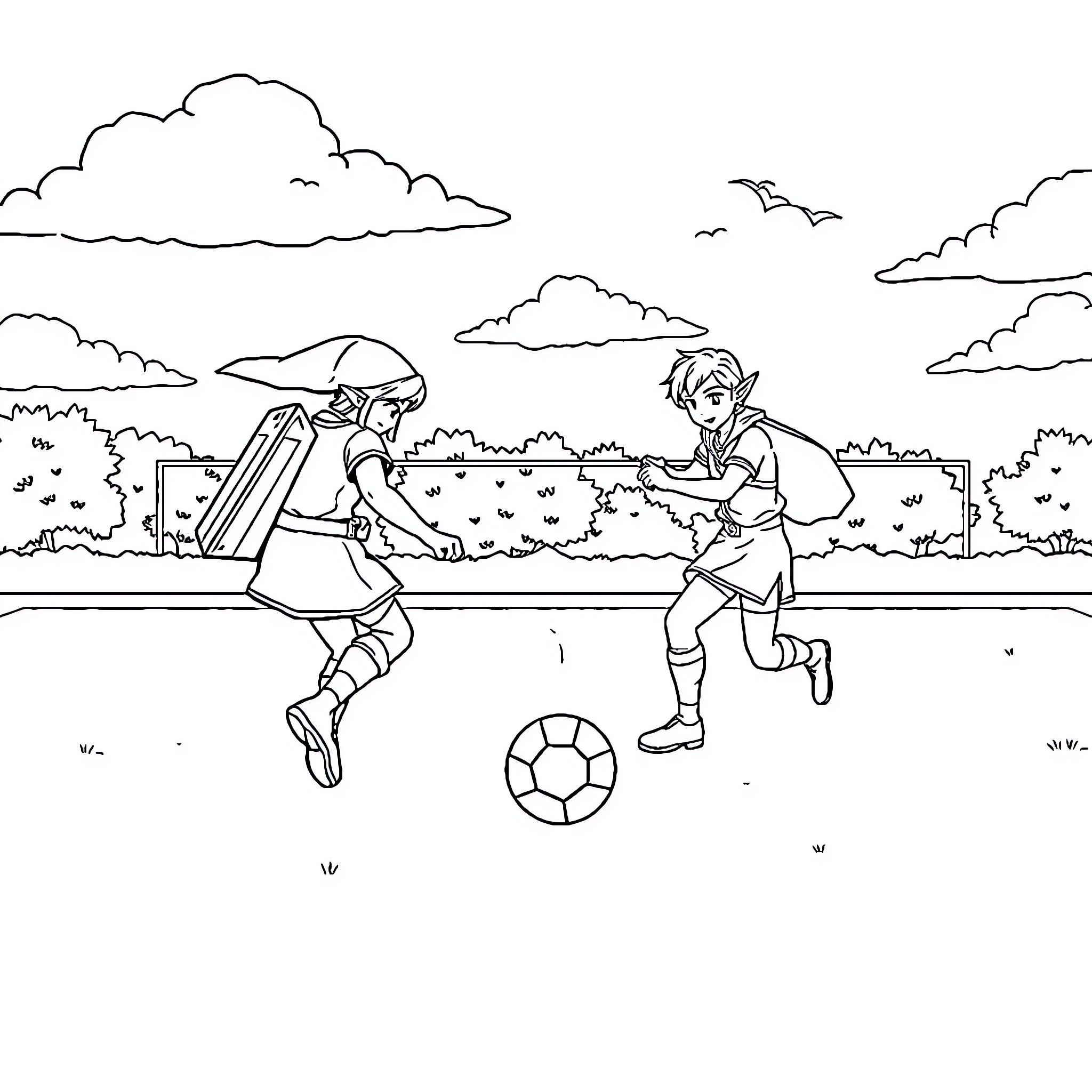 Zelda characters playing soccer in the park Coloring Page (free black-and-white line drawing printable PDF for all, from beginners to advanced learners, including children, teens, adults, and seniors)