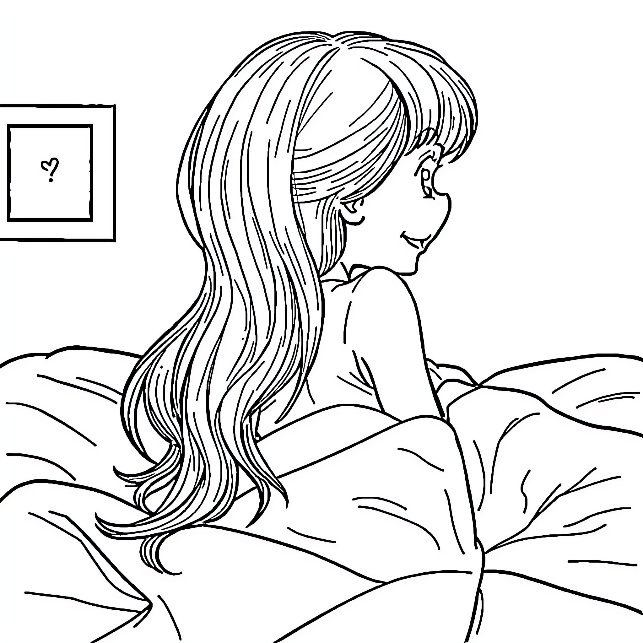 Girl gazing thoughtfully in meadow Coloring Page (free black-and-white line drawing printable PDF for all, from beginners to advanced learners, including children, teens, adults, and seniors)