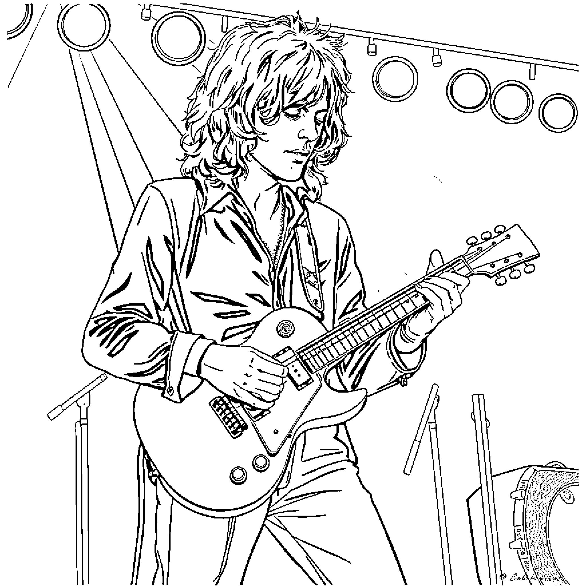 Brian Jones performing on stage with electric guitar Coloring Page (free black-and-white line drawing printable PDF for all, from beginners to advanced learners, including children, teens, adults, and seniors)