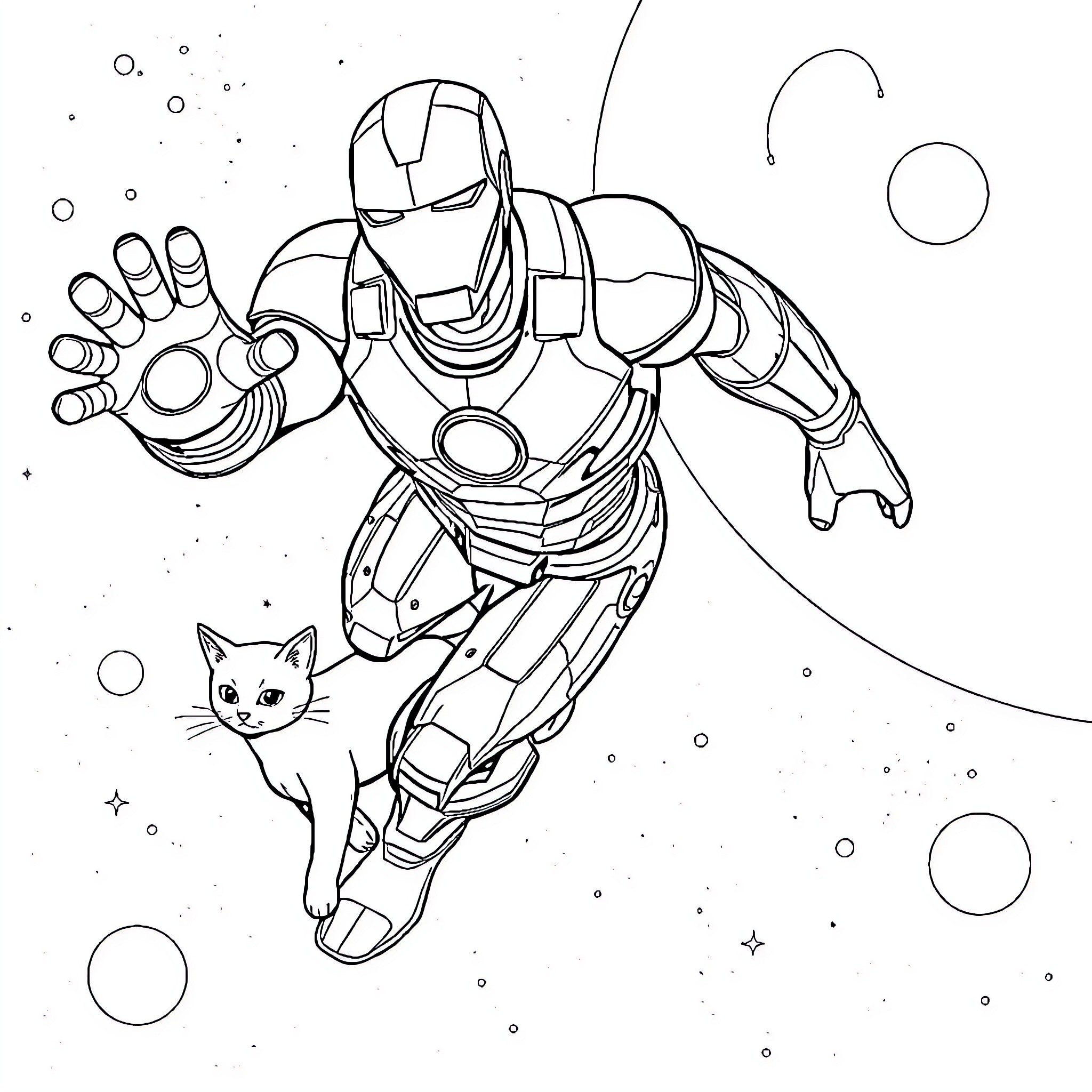 Iron Man soaring through space with a cat Coloring Page (free black-and-white line drawing printable PDF for all, from beginners to advanced learners, including children, teens, adults, and seniors)