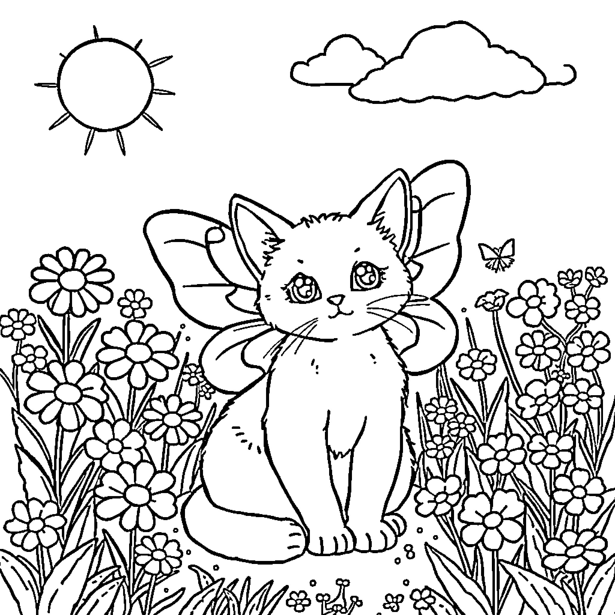 Cat in a flower garden Coloring Page (free black-and-white line drawing printable PDF for all, from beginners to advanced learners, including children, teens, adults, and seniors)