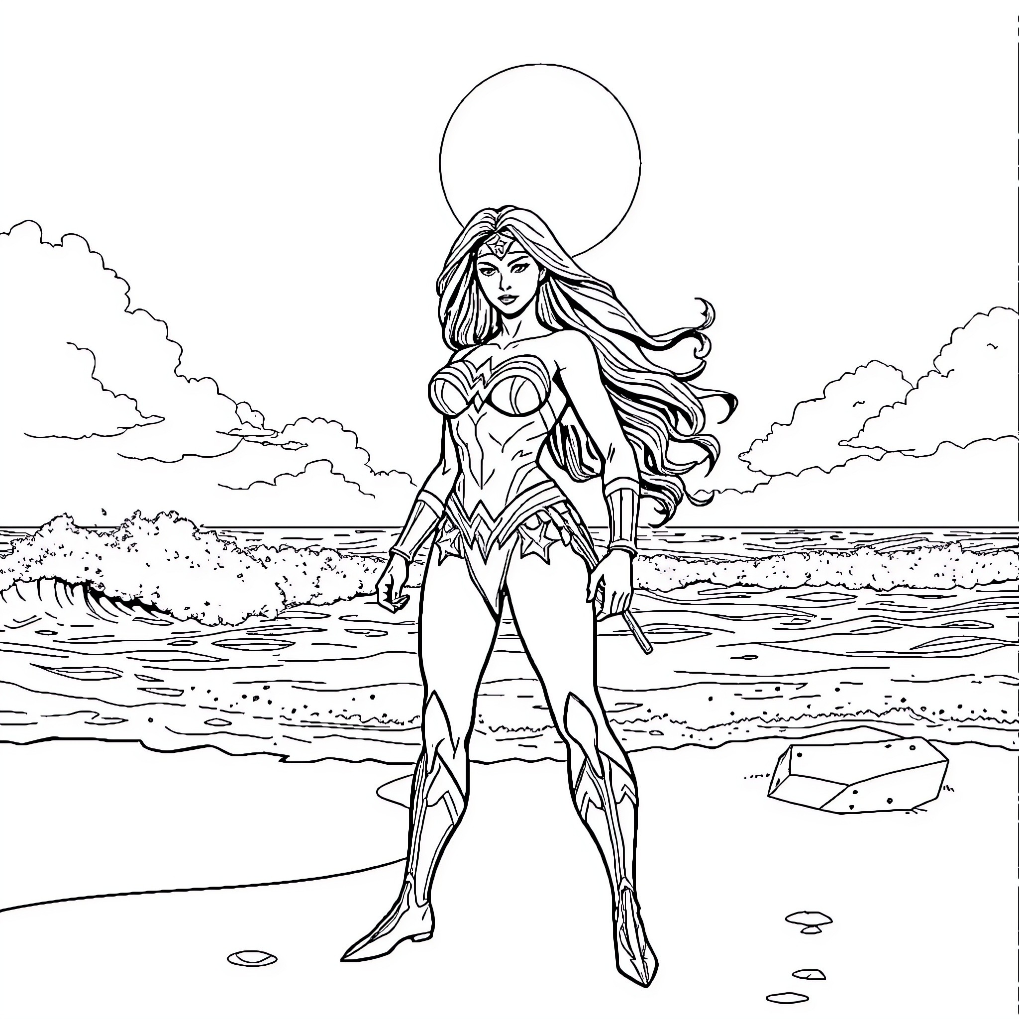 Wonder Woman Standing Heroically on the Beach Coloring Page (free black-and-white line drawing printable PDF for all, from beginners to advanced learners, including children, teens, adults, and seniors)