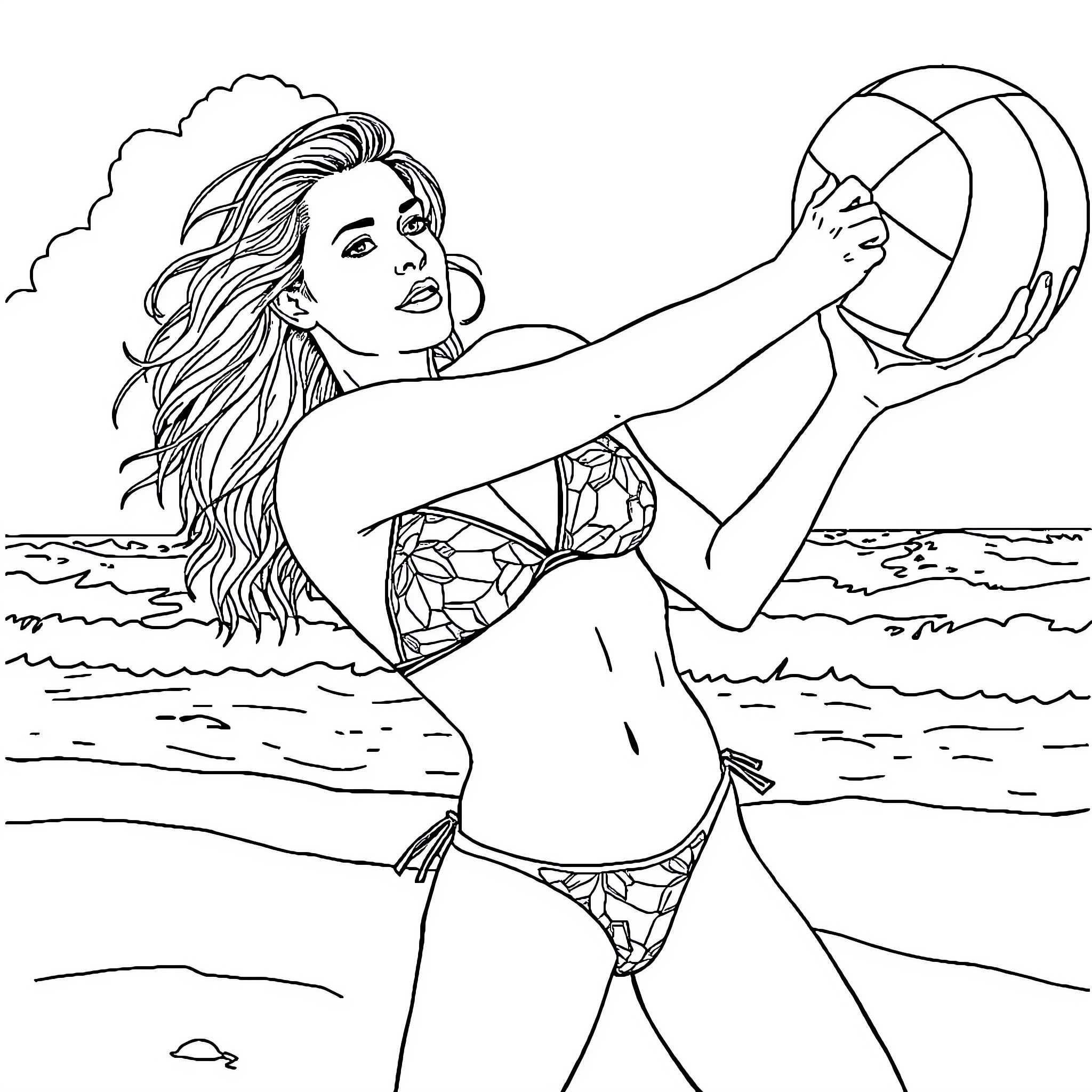 Scarlett Johansson playing in the waves with a beach ball Coloring Page (free black-and-white line drawing printable PDF for all, from beginners to advanced learners, including children, teens, adults, and seniors)