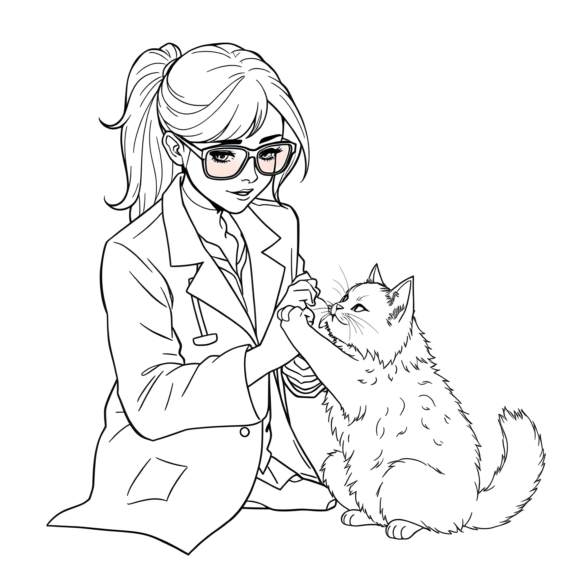 Scientist caring for a pet cat Coloring Page (free black-and-white line drawing printable PDF for all, from beginners to advanced learners, including children, teens, adults, and seniors)