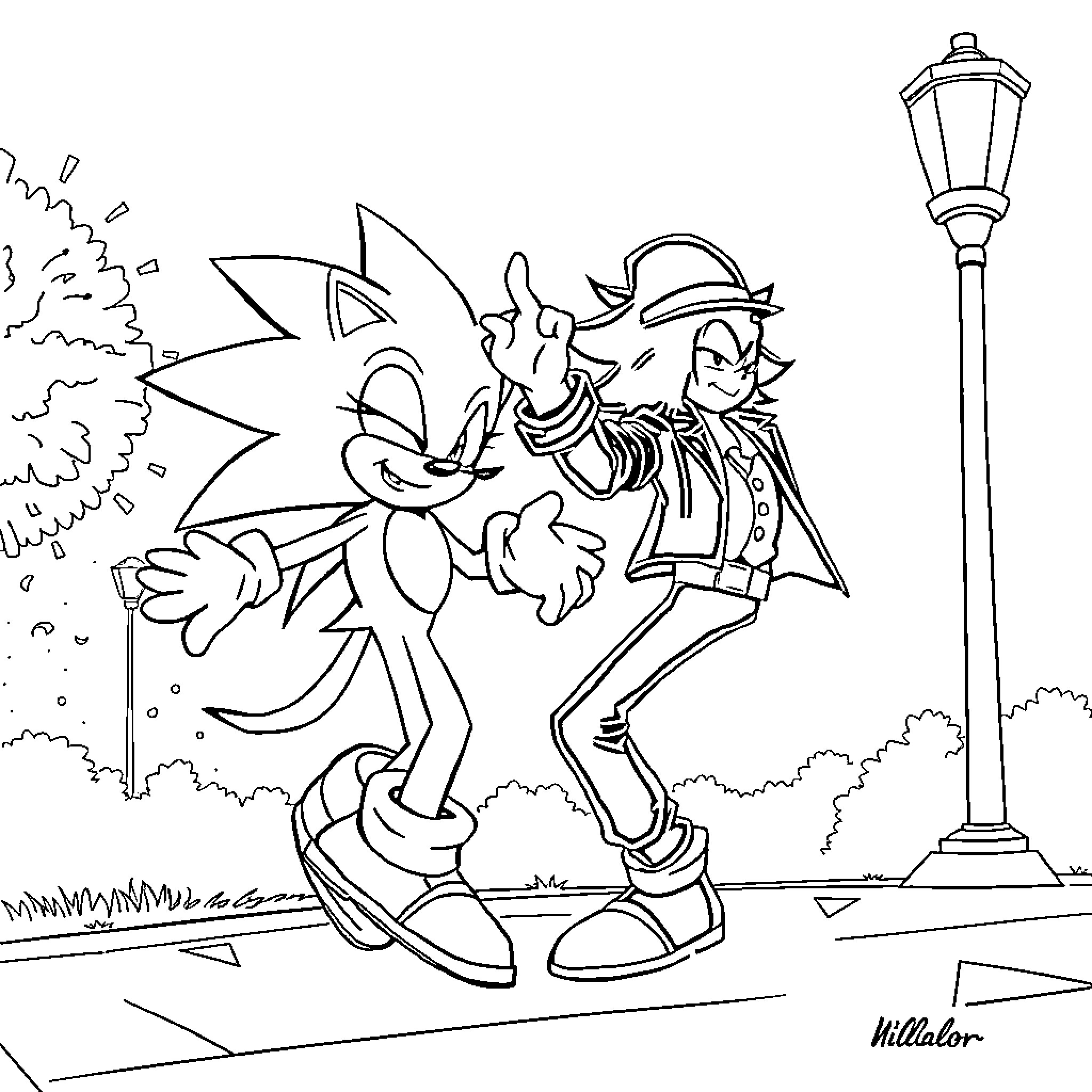 Sonic and friends in lively outdoor adventure Coloring Page (free black-and-white line drawing printable PDF for all, from beginners to advanced learners, including children, teens, adults, and seniors)