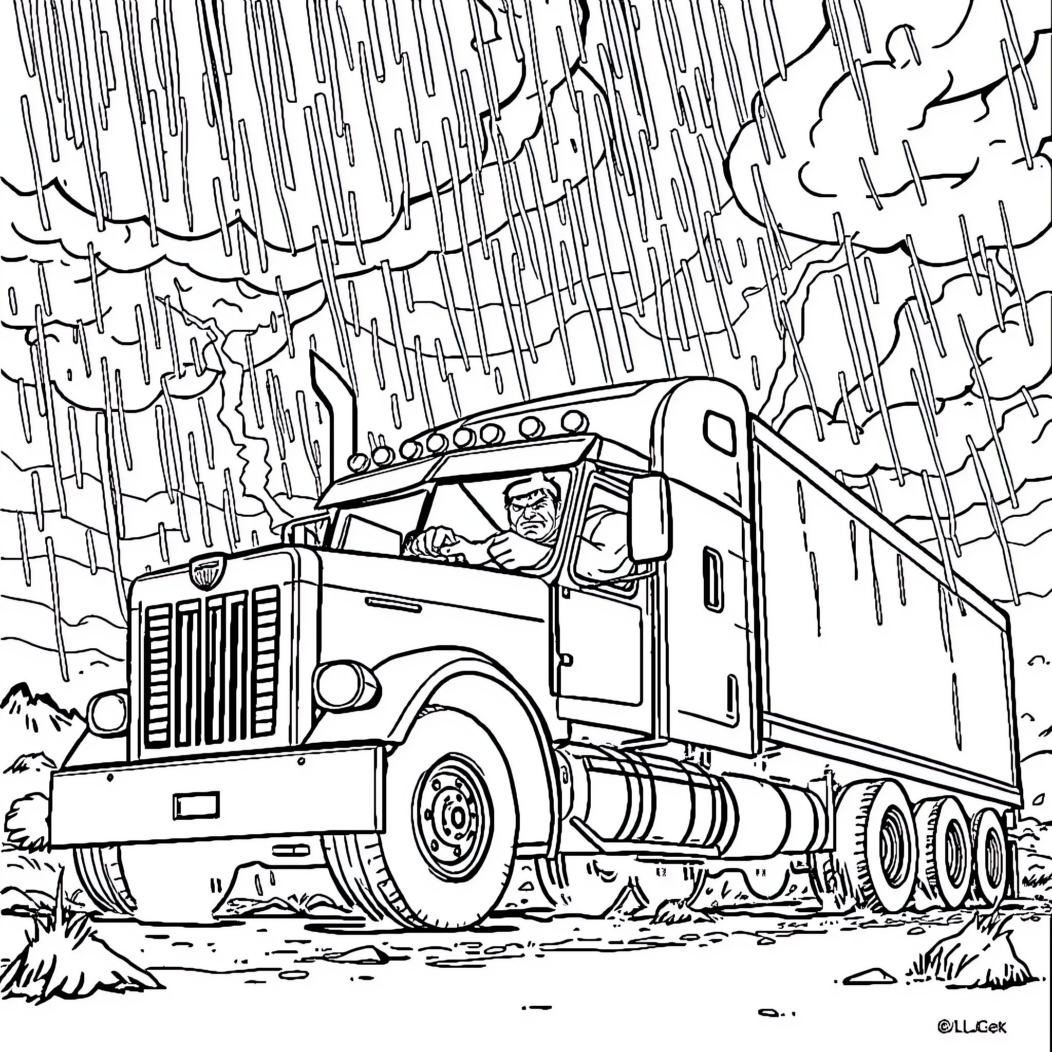 Hulk Truck Driving Through the Storm Coloring Page (free black-and-white line drawing printable PDF for all, from beginners to advanced learners, including children, teens, adults, and seniors)