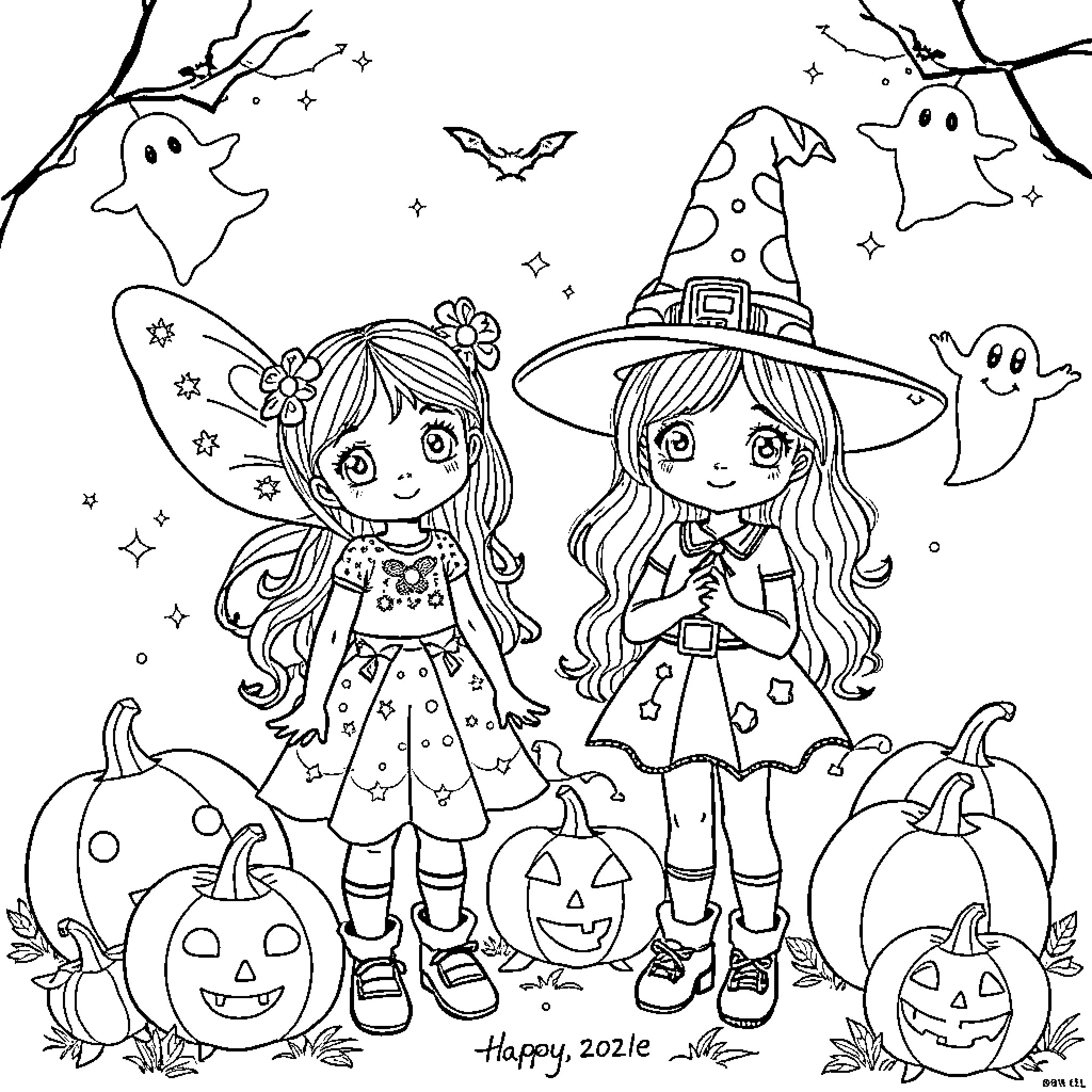 Girls in Halloween Costumes Surrounded by Spooky Decorations Coloring Page (free black-and-white line drawing printable PDF for all, from beginners to advanced learners, including children, teens, adults, and seniors)