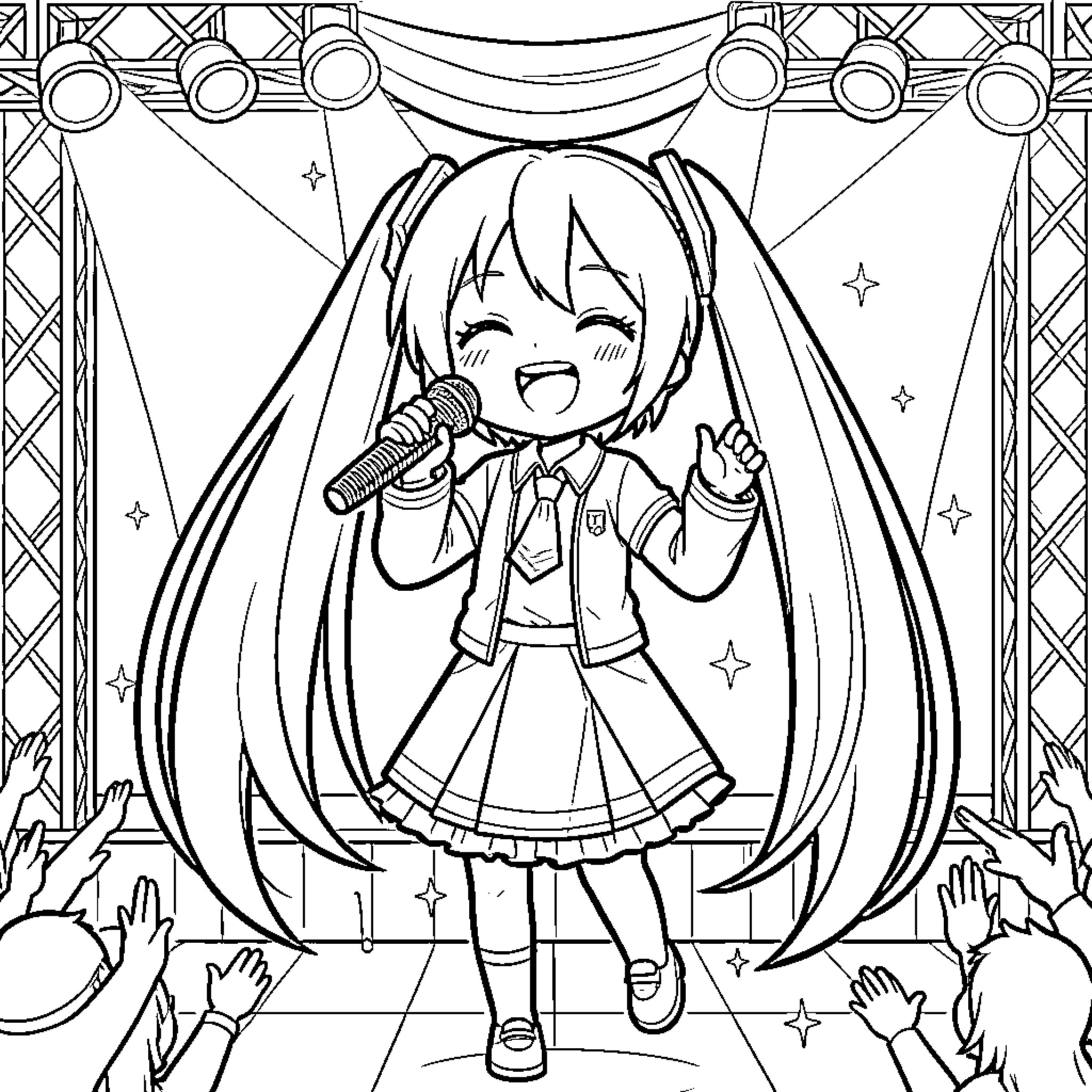 Miku singing happily on a concert stage Coloring Page (free black-and-white line drawing printable PDF for all, from beginners to advanced learners, including children, teens, adults, and seniors)