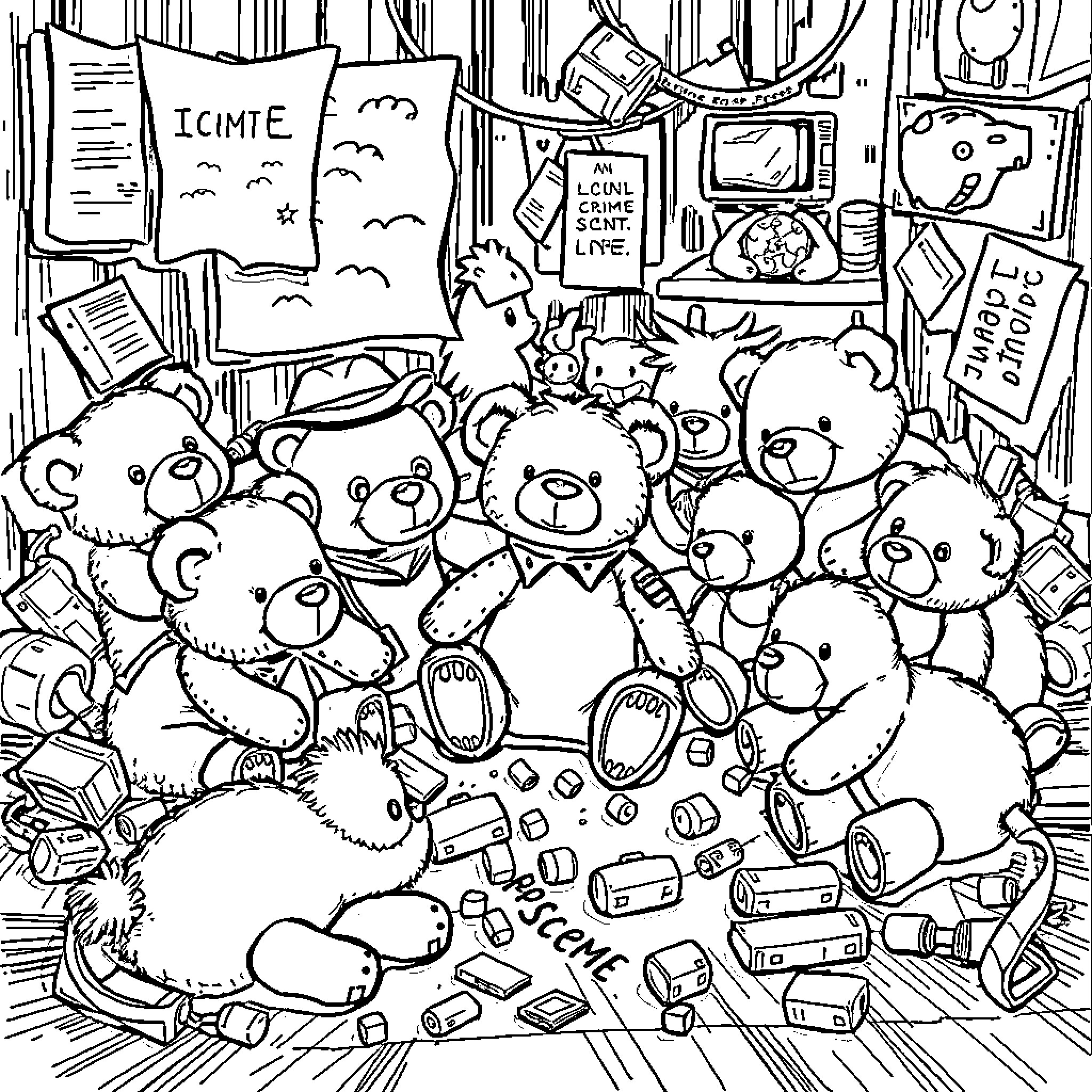 Stuffed Animals in a Crowded Room Coloring Page (free black-and-white line drawing printable PDF for all, from beginners to advanced learners, including children, teens, adults, and seniors)