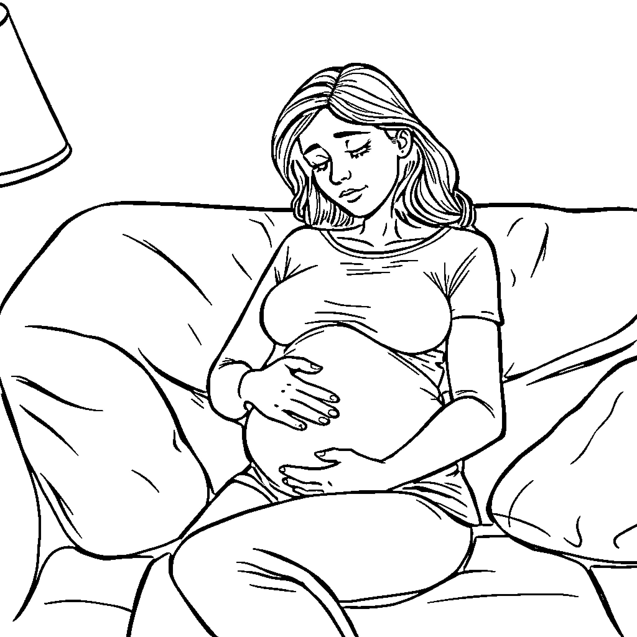 Woman resting peacefully during pregnancy Coloring Page (free black-and-white line drawing printable PDF for all, from beginners to advanced learners, including children, teens, adults, and seniors)