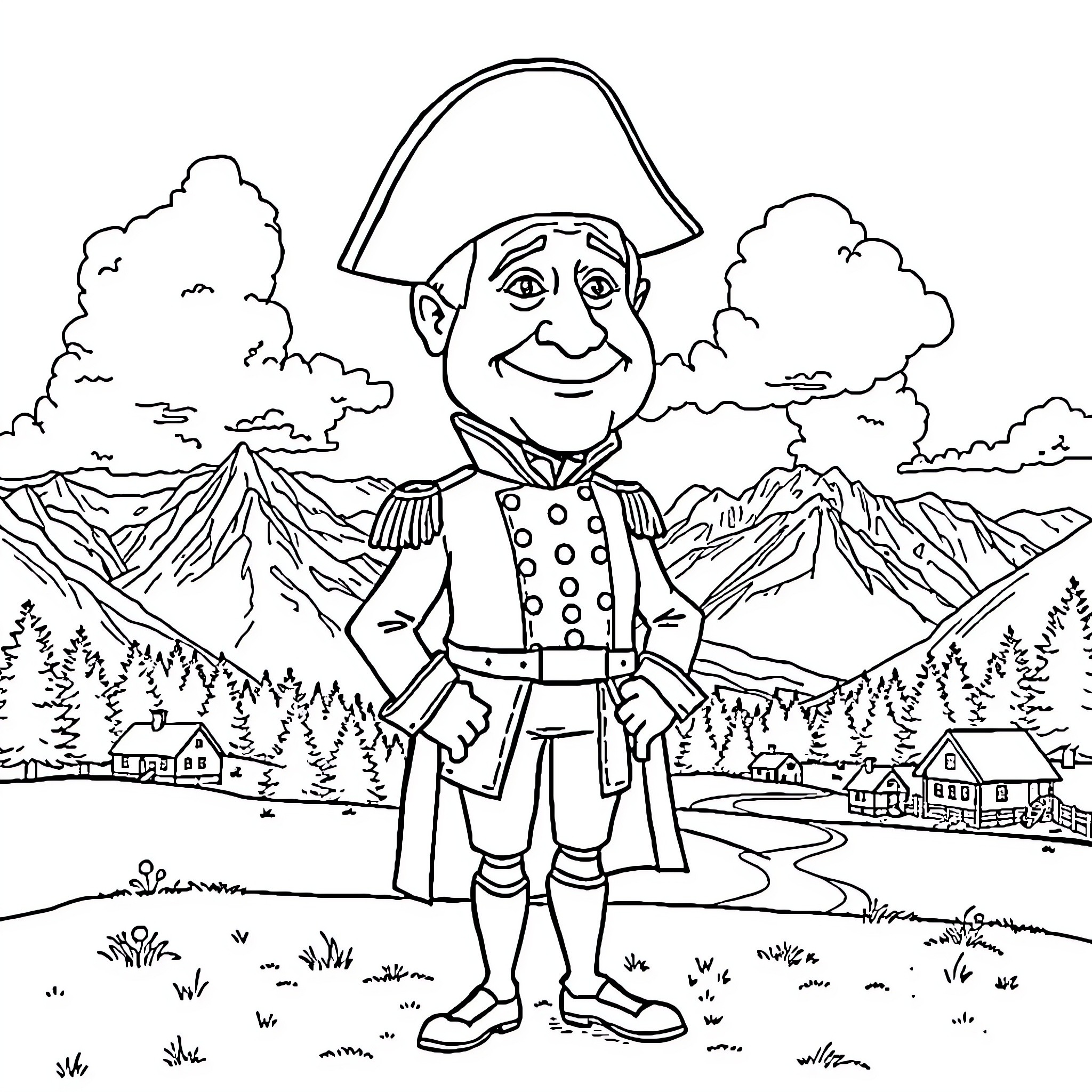 Napoleon posing confidently in his military uniform Coloring Page (free black-and-white line drawing printable PDF for all, from beginners to advanced learners, including children, teens, adults, and seniors)