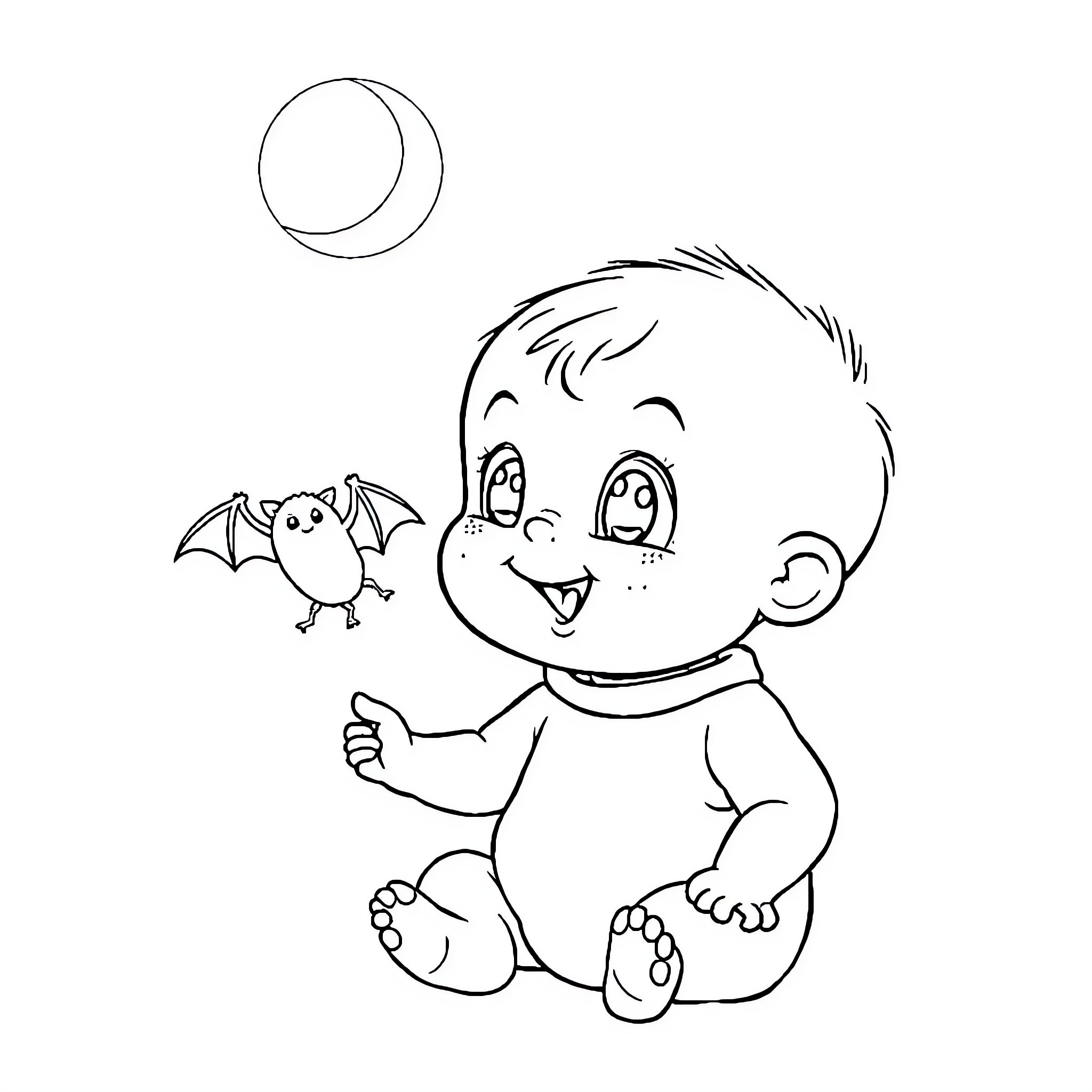 Baby playing with a playful bat Coloring Page (free black-and-white line drawing printable PDF for all, from beginners to advanced learners, including children, teens, adults, and seniors)