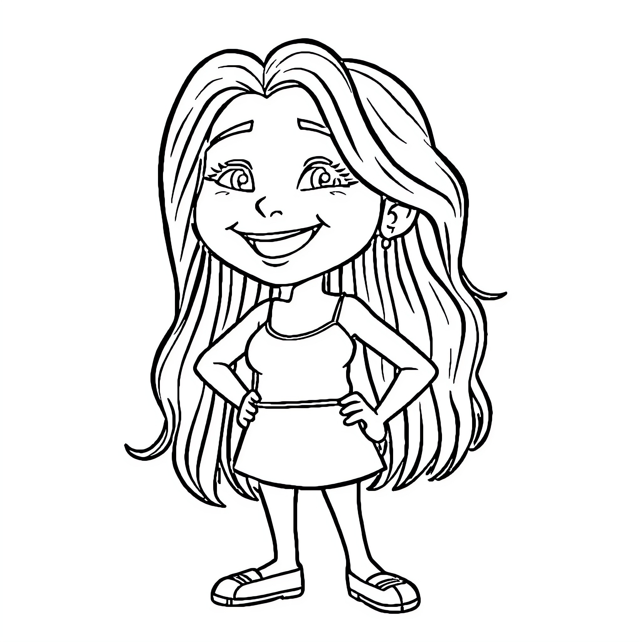 Aez Cheerful Girl with Long Hair Coloring Page (free black-and-white line drawing printable PDF for all, from beginners to advanced learners, including children, teens, adults, and seniors)