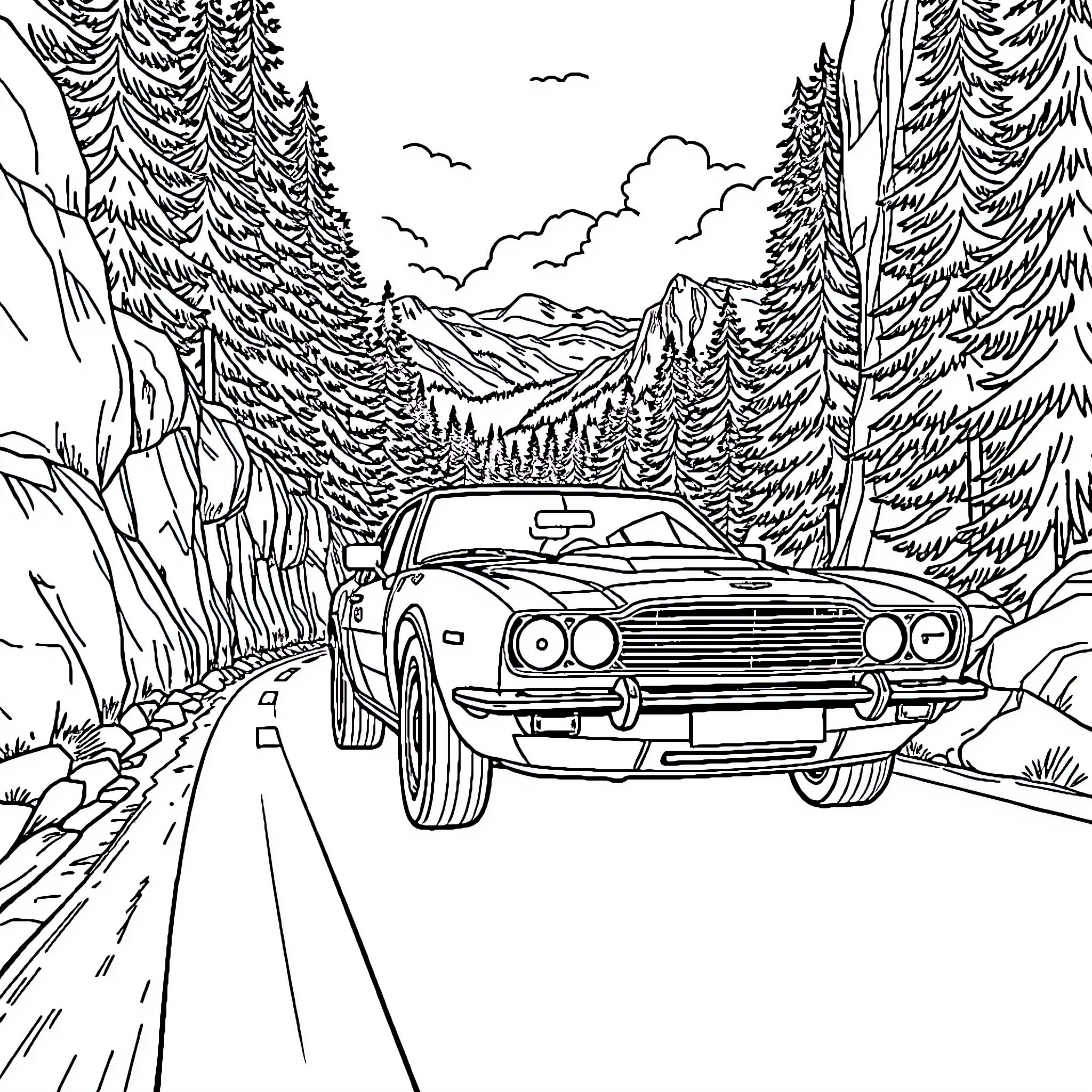 Aston Martin speeding through scenic mountain road Coloring Page (free black-and-white line drawing printable PDF for all, from beginners to advanced learners, including children, teens, adults, and seniors)