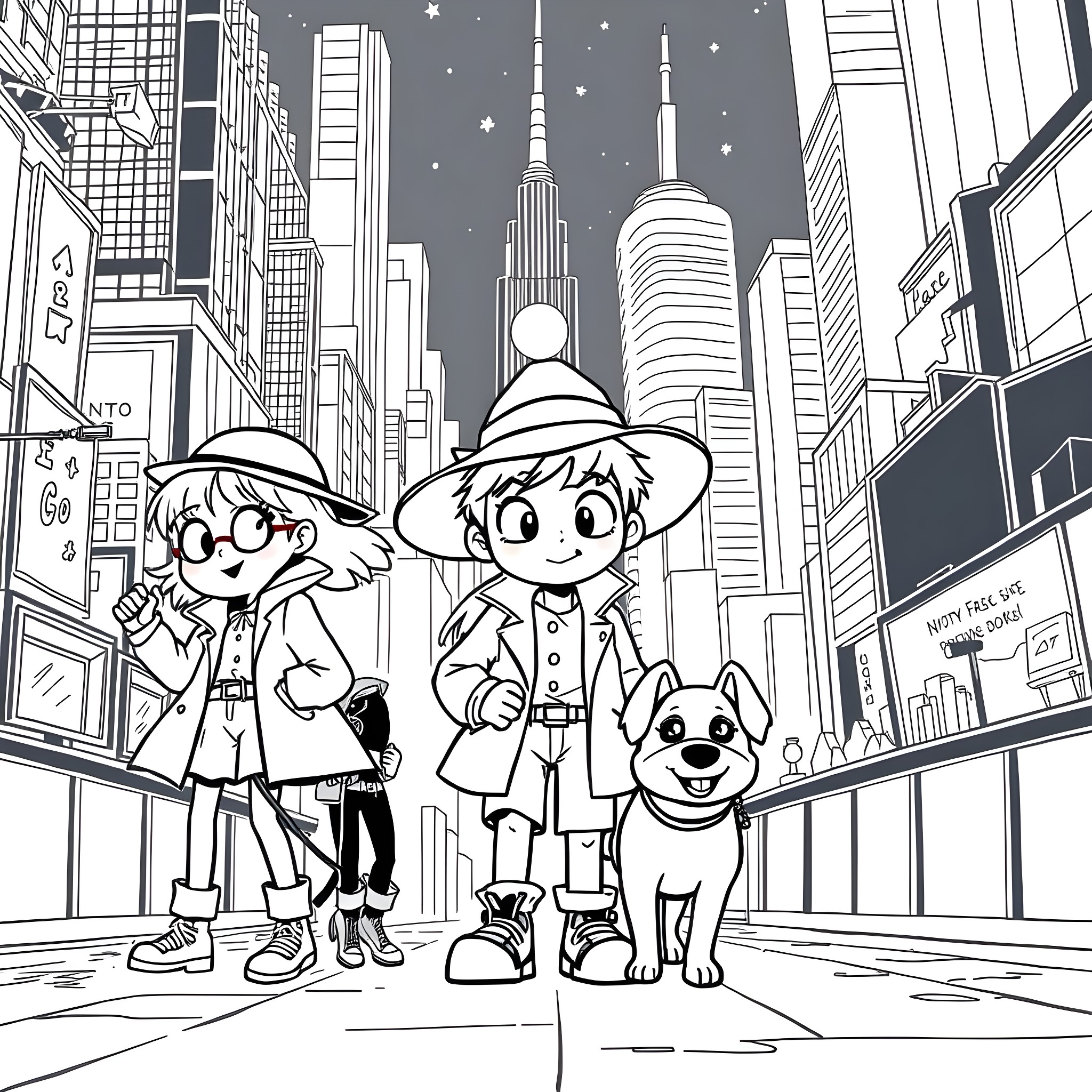 Detective Duo and Dog Explore Starry City Skyline Coloring Page (free black-and-white line drawing printable PDF for all, from beginners to advanced learners, including children, teens, adults, and seniors)