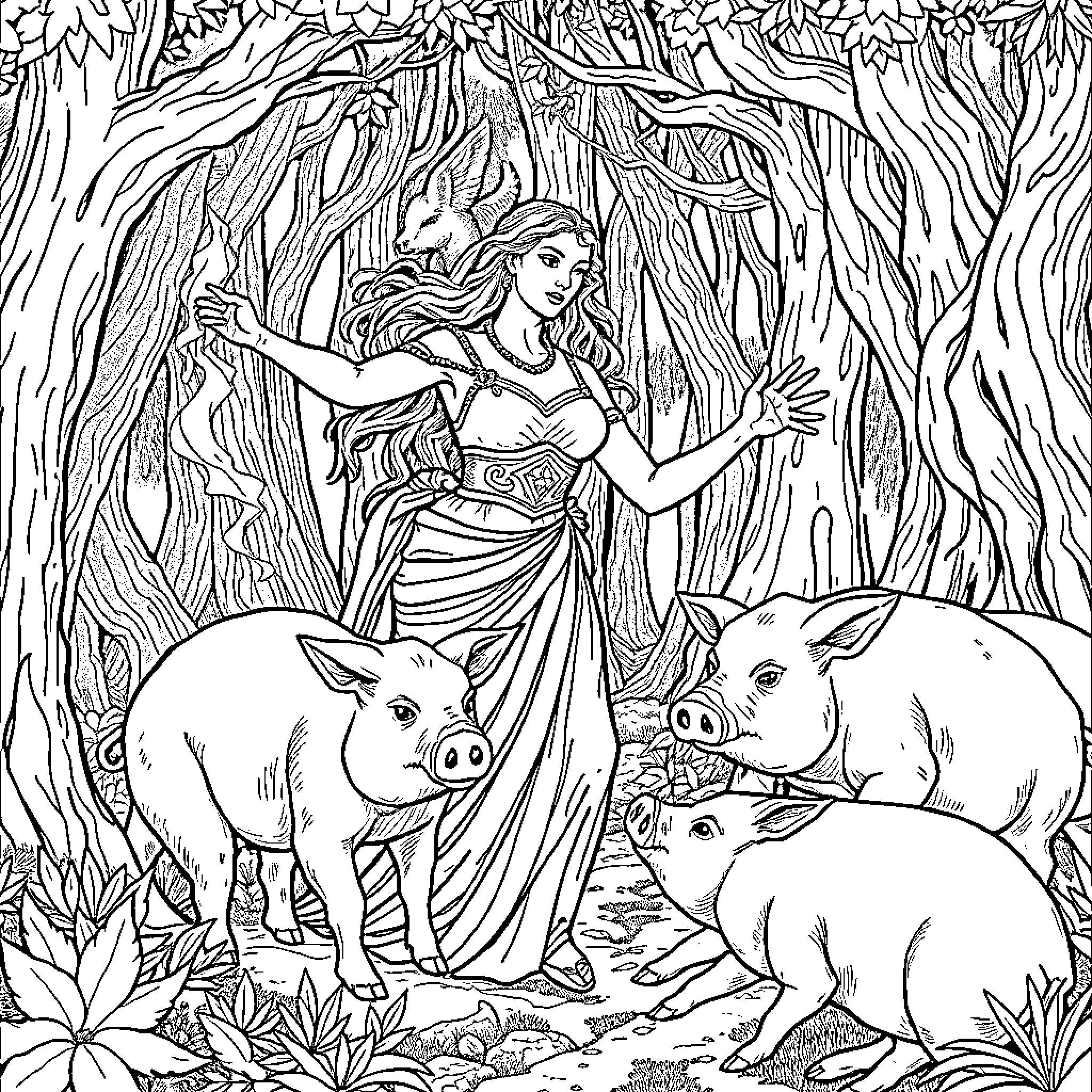 Circe Surrounded by Mythical Creatures in Enchanted Forest Coloring Page (free black-and-white line drawing printable PDF for all, from beginners to advanced learners, including children, teens, adults, and seniors)