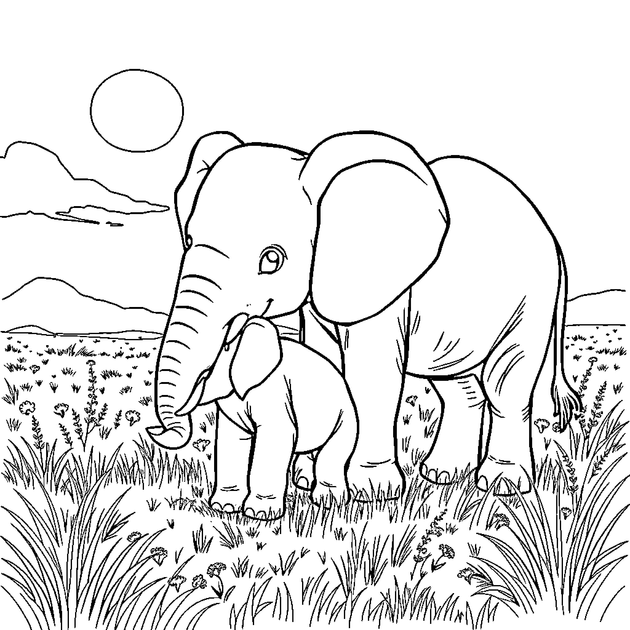 Elephant in a natural landscape Coloring Page (free black-and-white line drawing printable PDF for all, from beginners to advanced learners, including children, teens, adults, and seniors)
