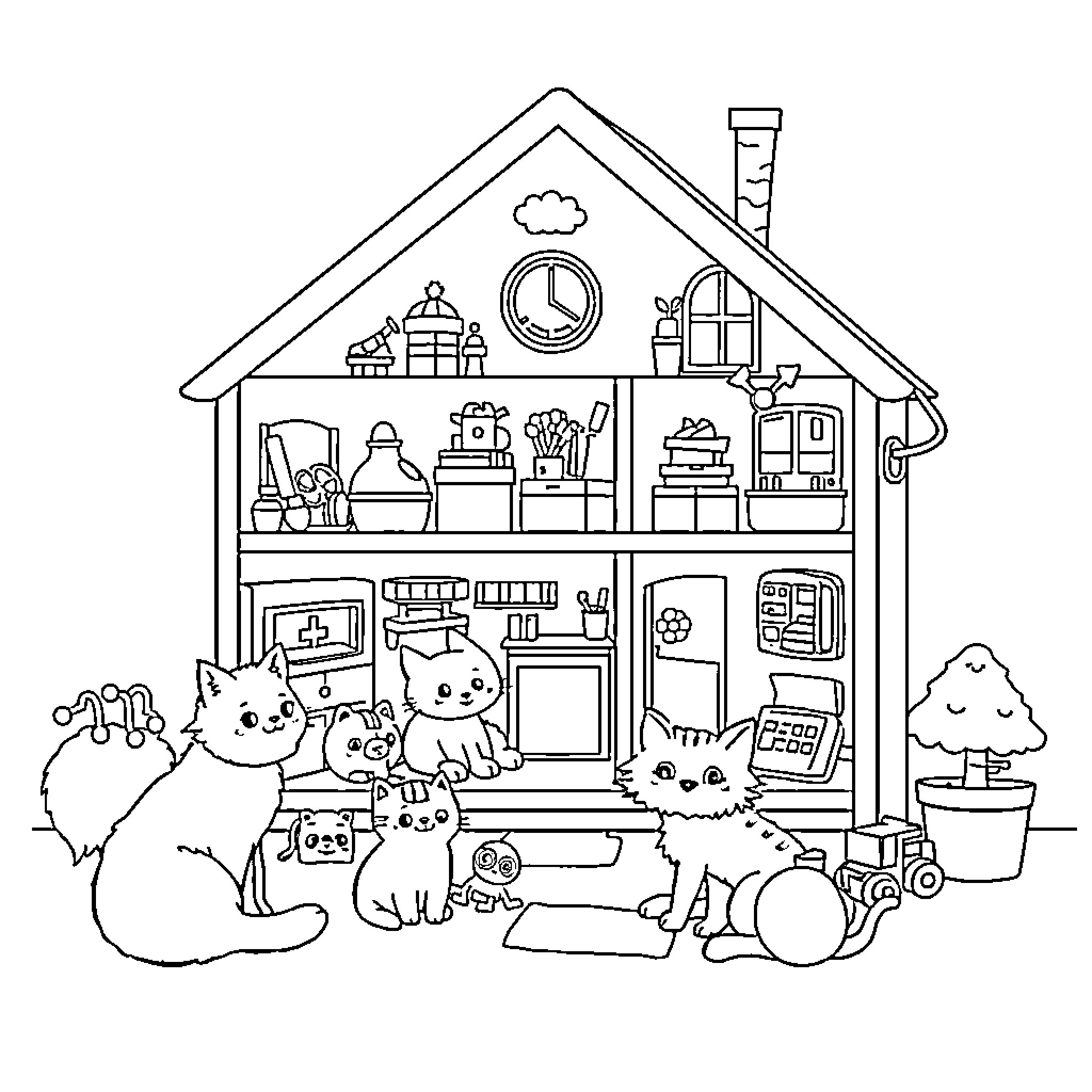 Gabby's Dollhouse: Cats exploring a cozy home Coloring Page (free black-and-white line drawing printable PDF for all, from beginners to advanced learners, including children, teens, adults, and seniors)