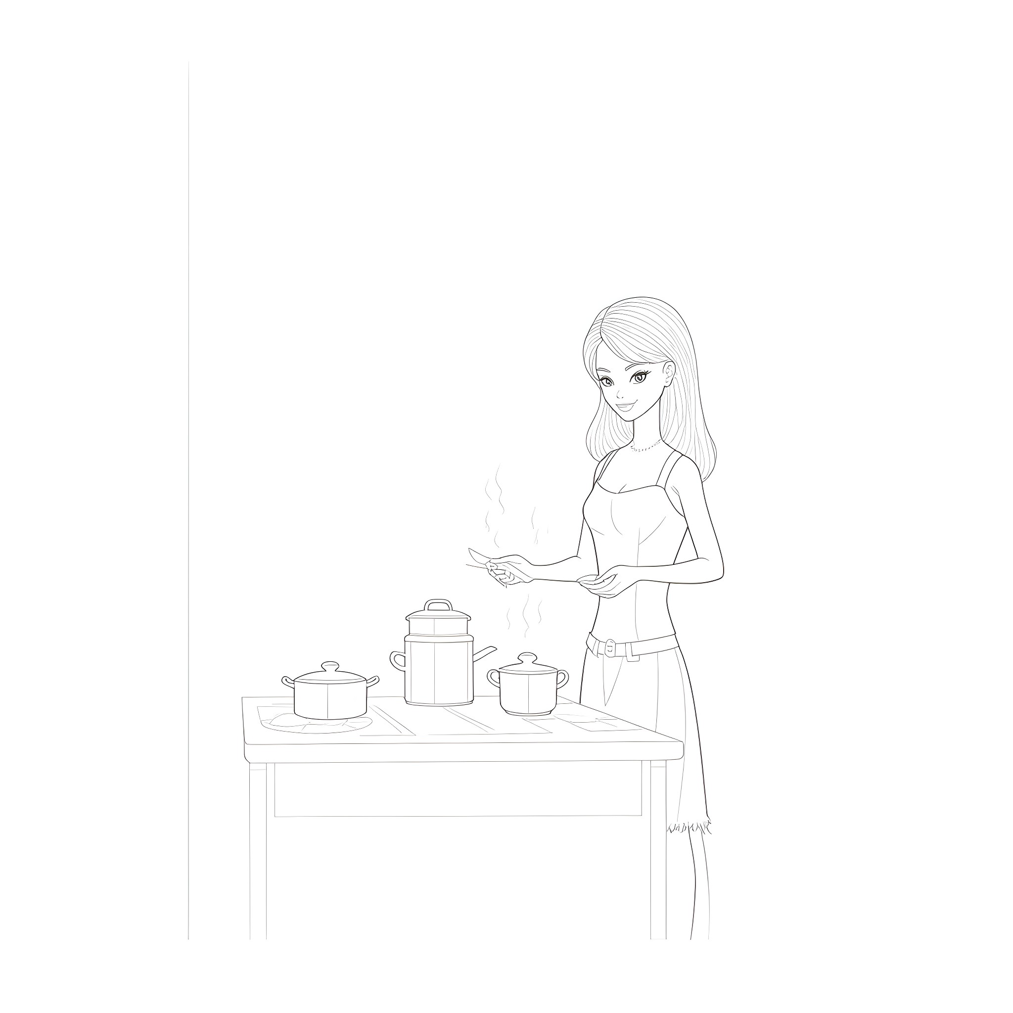 Barbie cooking with kitchen utensils Coloring Page (free black-and-white line drawing printable PDF for all, from beginners to advanced learners, including children, teens, adults, and seniors)