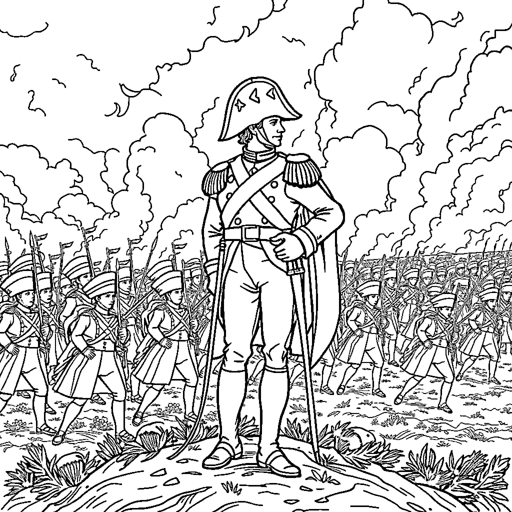 Napoleon Leading Troops Across the Battlefield Coloring Page (free black-and-white line drawing printable PDF for all, from beginners to advanced learners, including children, teens, adults, and seniors)