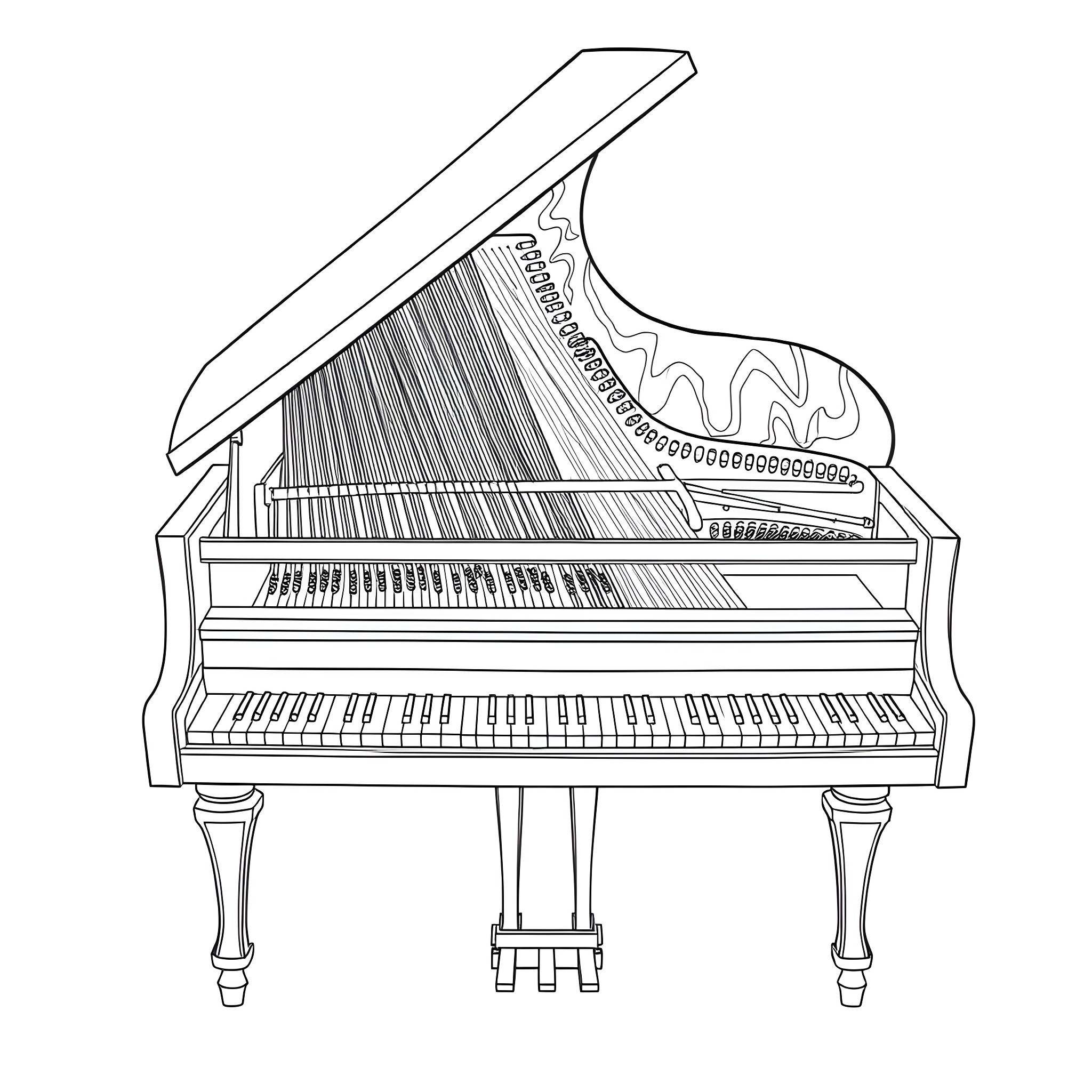 Piano with ornate details and open lid Coloring Page (free black-and-white line drawing printable PDF for all, from beginners to advanced learners, including children, teens, adults, and seniors)