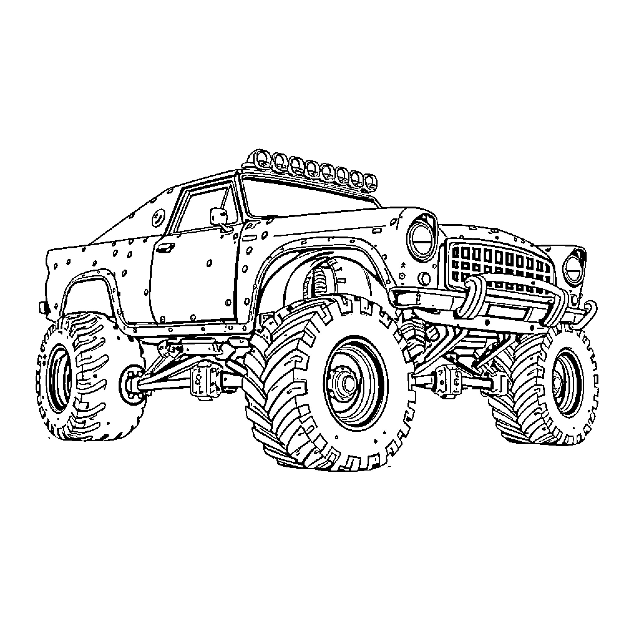Car off-road vehicle with raised suspension Coloring Page (free black-and-white line drawing printable PDF for all, from beginners to advanced learners, including children, teens, adults, and seniors)