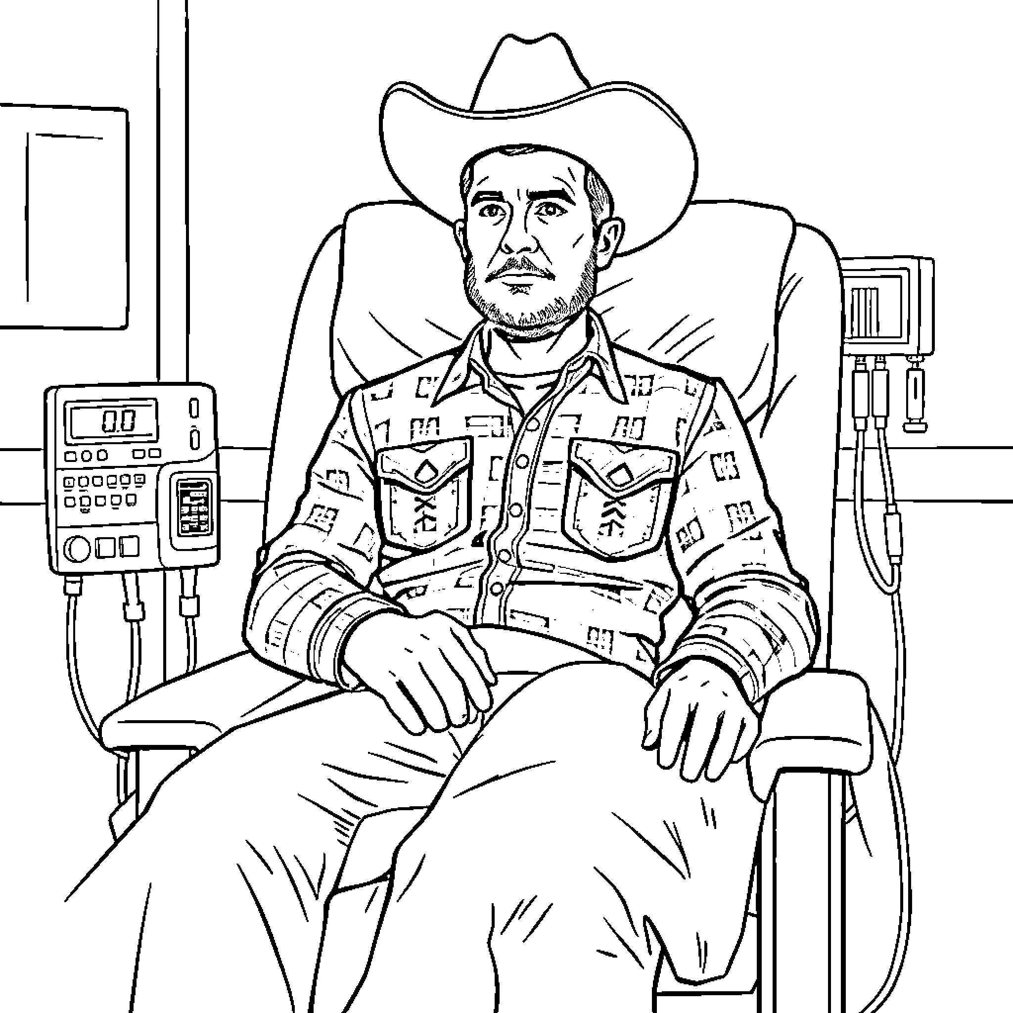 Cowboy waiting patiently in the medical facility Coloring Page (free black-and-white line drawing printable PDF for all, from beginners to advanced learners, including children, teens, adults, and seniors)