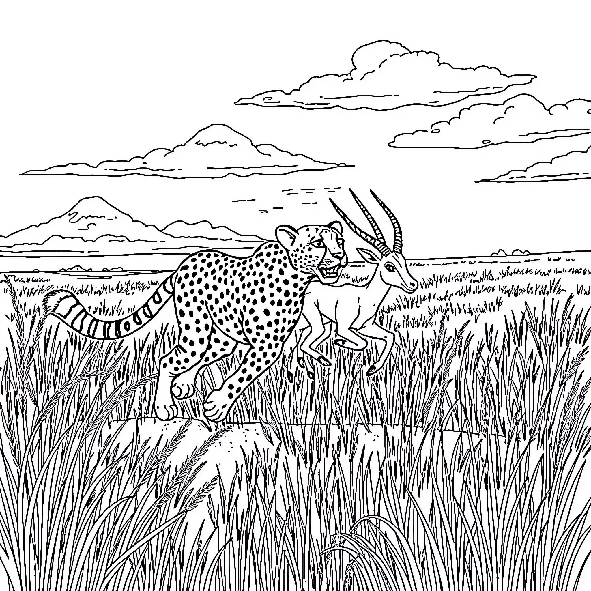 Cheetah and antelope in the savanna Coloring Page (free black-and-white line drawing printable PDF for all, from beginners to advanced learners, including children, teens, adults, and seniors)