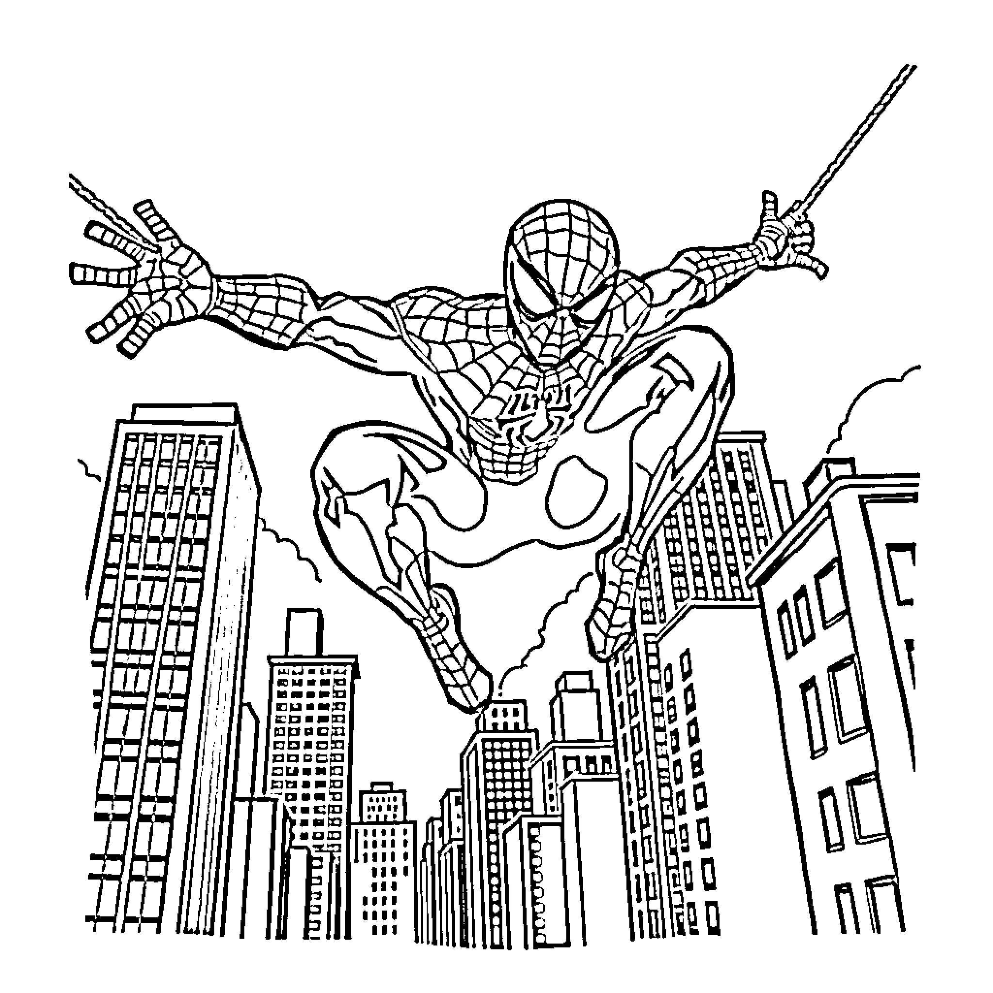Spiderman swinging through the city skyline Coloring Page (free black-and-white line drawing printable PDF for all, from beginners to advanced learners, including children, teens, adults, and seniors)