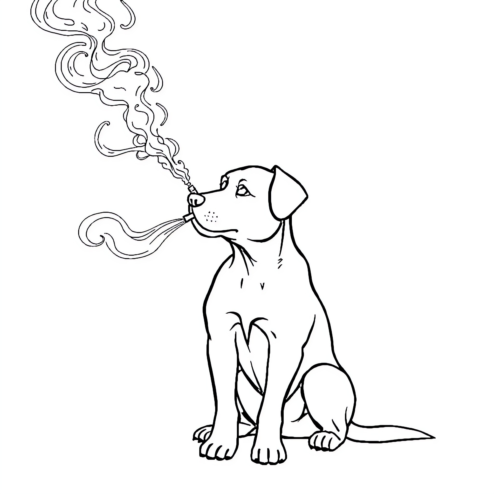 Dog exhaling smoke Coloring Page (free black-and-white line drawing printable PDF for all, from beginners to advanced learners, including children, teens, adults, and seniors)
