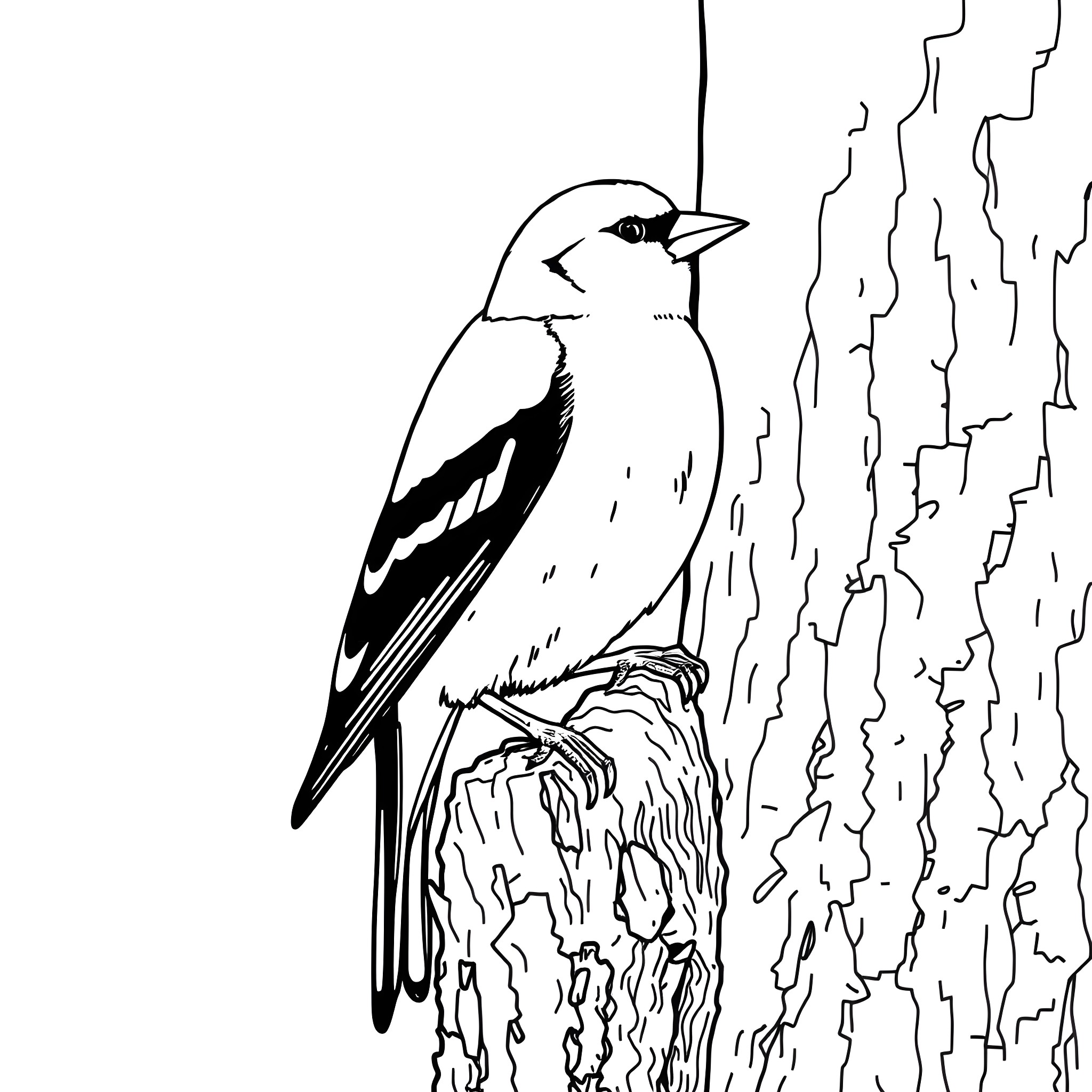 Goldfinch perched on a branch Coloring Page (free black-and-white line drawing printable PDF for all, from beginners to advanced learners, including children, teens, adults, and seniors)