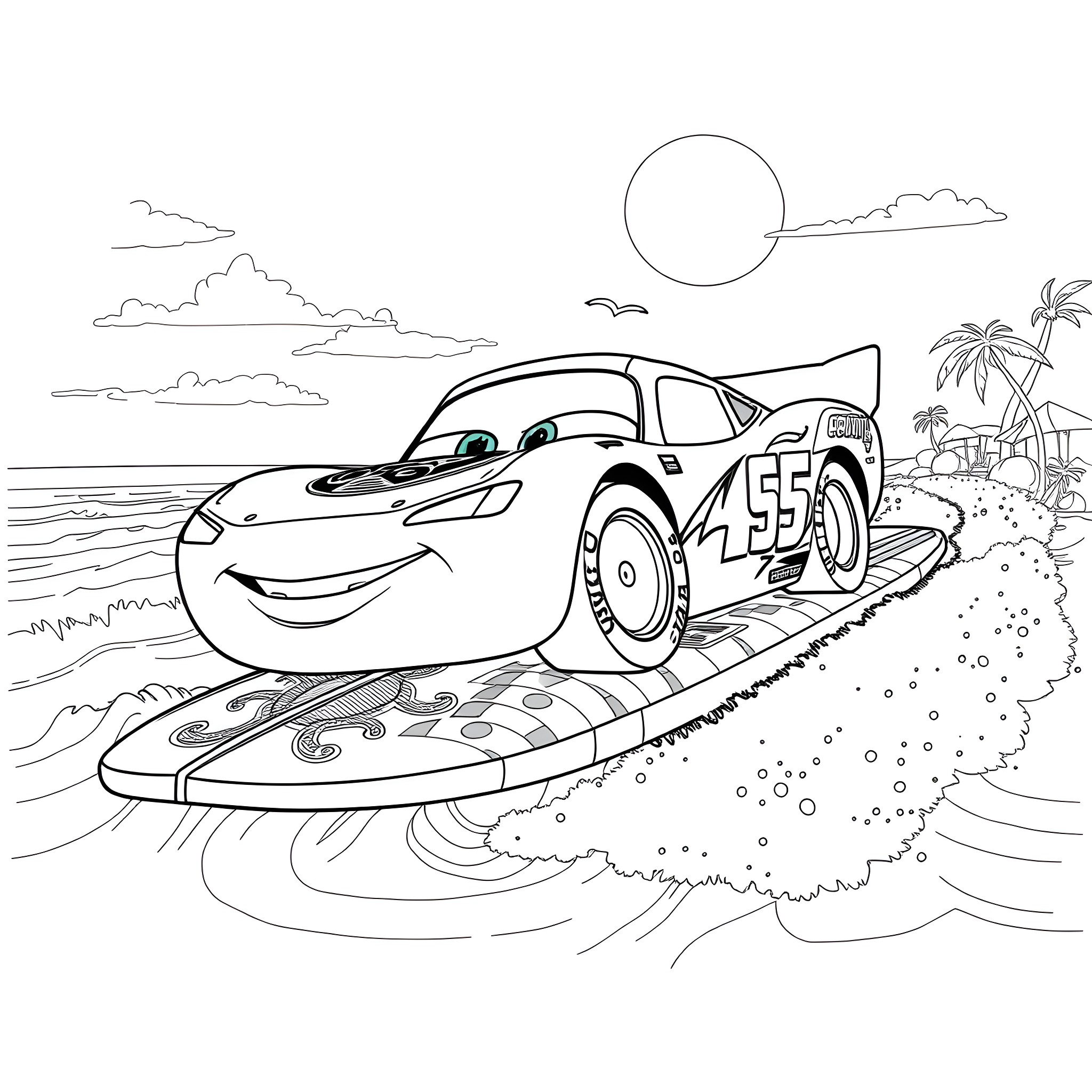 Lightning McQueen racing on the beach Coloring Page (free black-and-white line drawing printable PDF for all, from beginners to advanced learners, including children, teens, adults, and seniors)