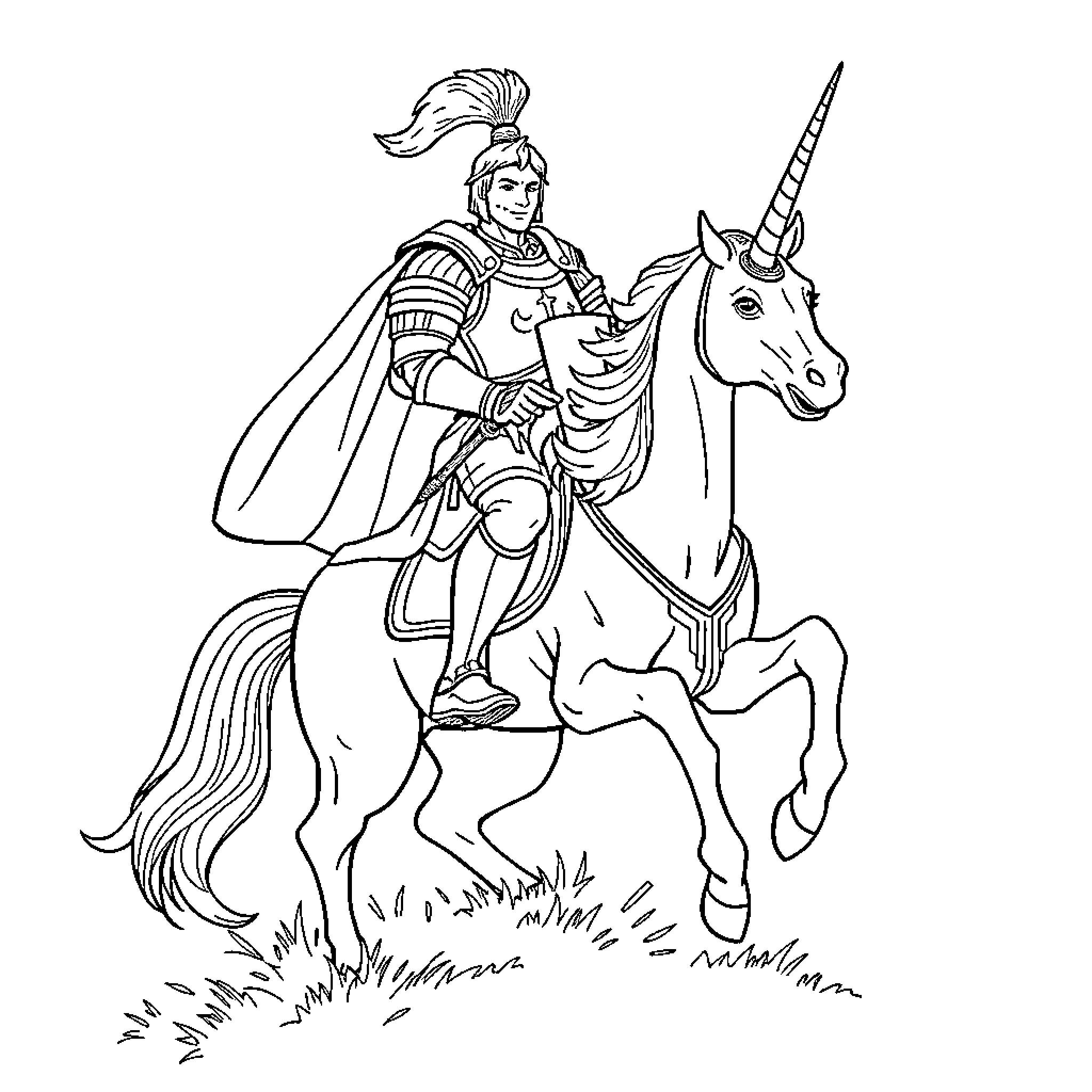 Warrior on Unicorn Charging into Battle Coloring Page (free black-and-white line drawing printable PDF for all, from beginners to advanced learners, including children, teens, adults, and seniors)