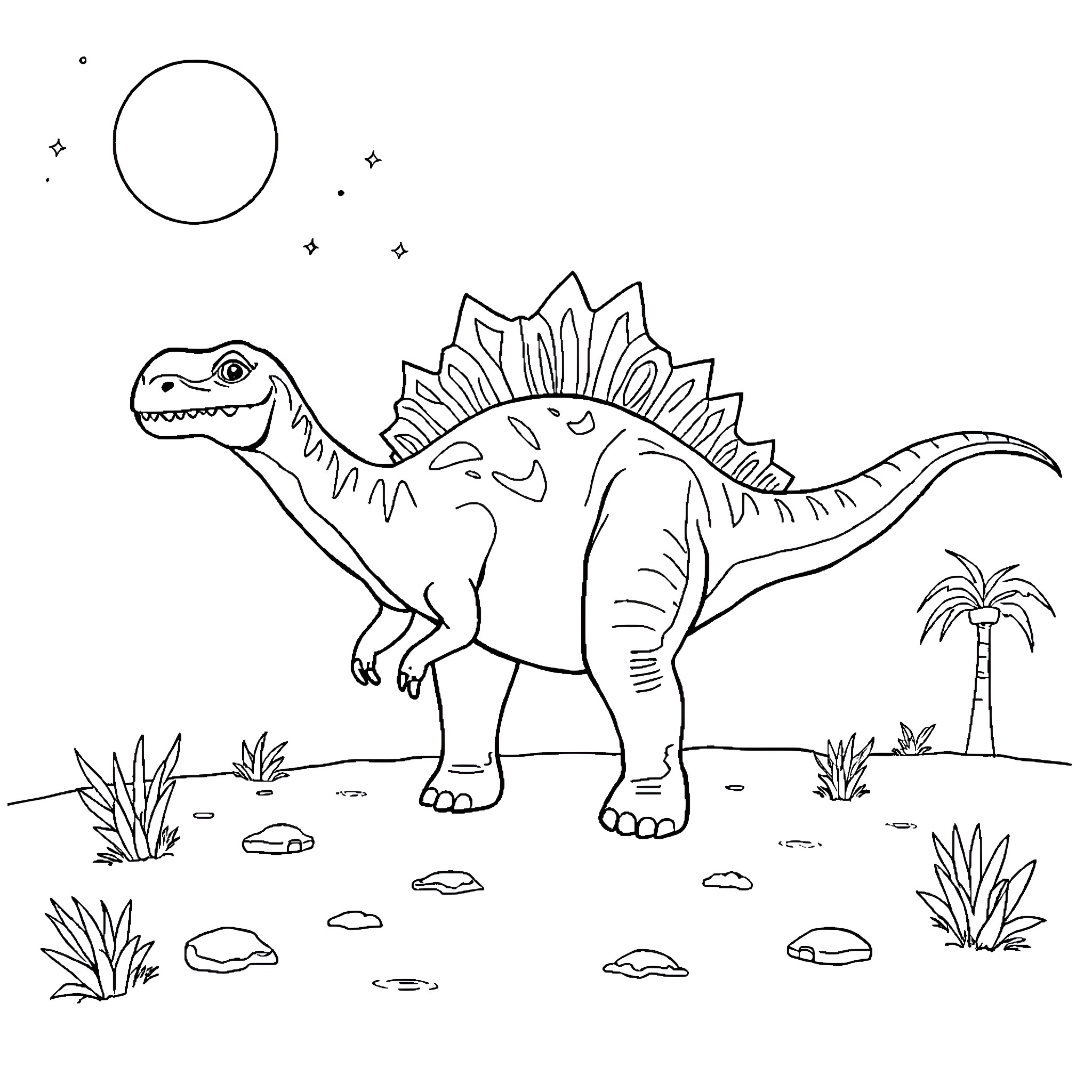 Spinosaurus exploring prehistoric landscape Coloring Page (free black-and-white line drawing printable PDF for all, from beginners to advanced learners, including children, teens, adults, and seniors)