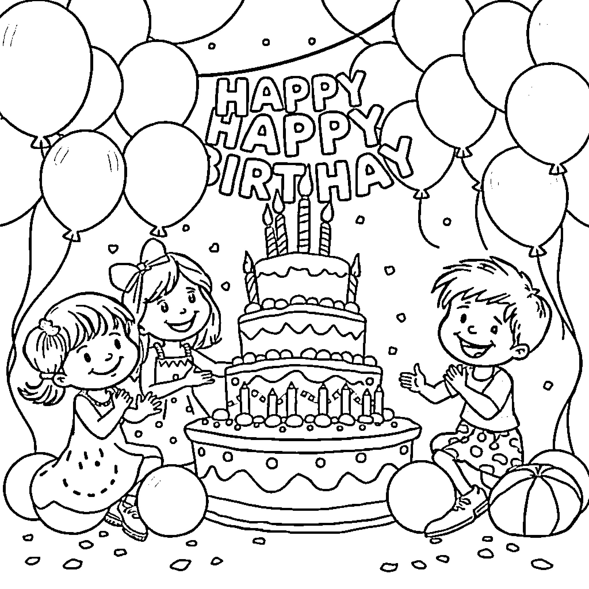 Birthday Party with Happy Kids, Cake, and Balloons Coloring Page (free black-and-white line drawing printable PDF for all, from beginners to advanced learners, including children, teens, adults, and seniors)