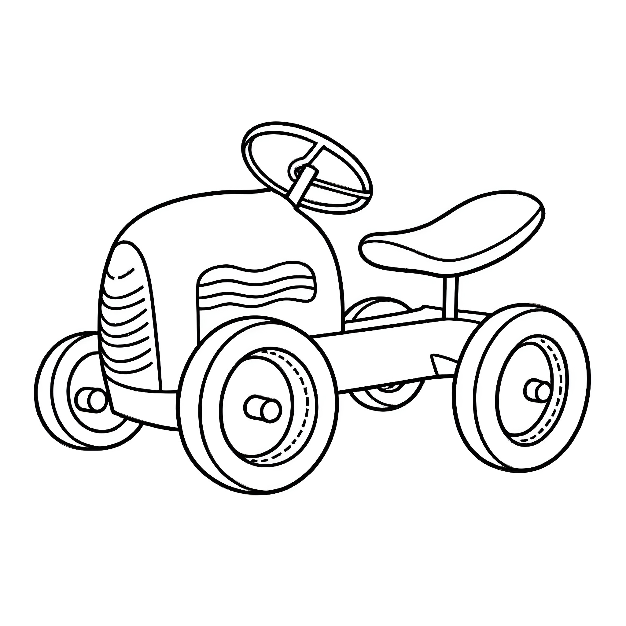Tractor pedal car for children to play Coloring Page (free black-and-white line drawing printable PDF for all, from beginners to advanced learners, including children, teens, adults, and seniors)