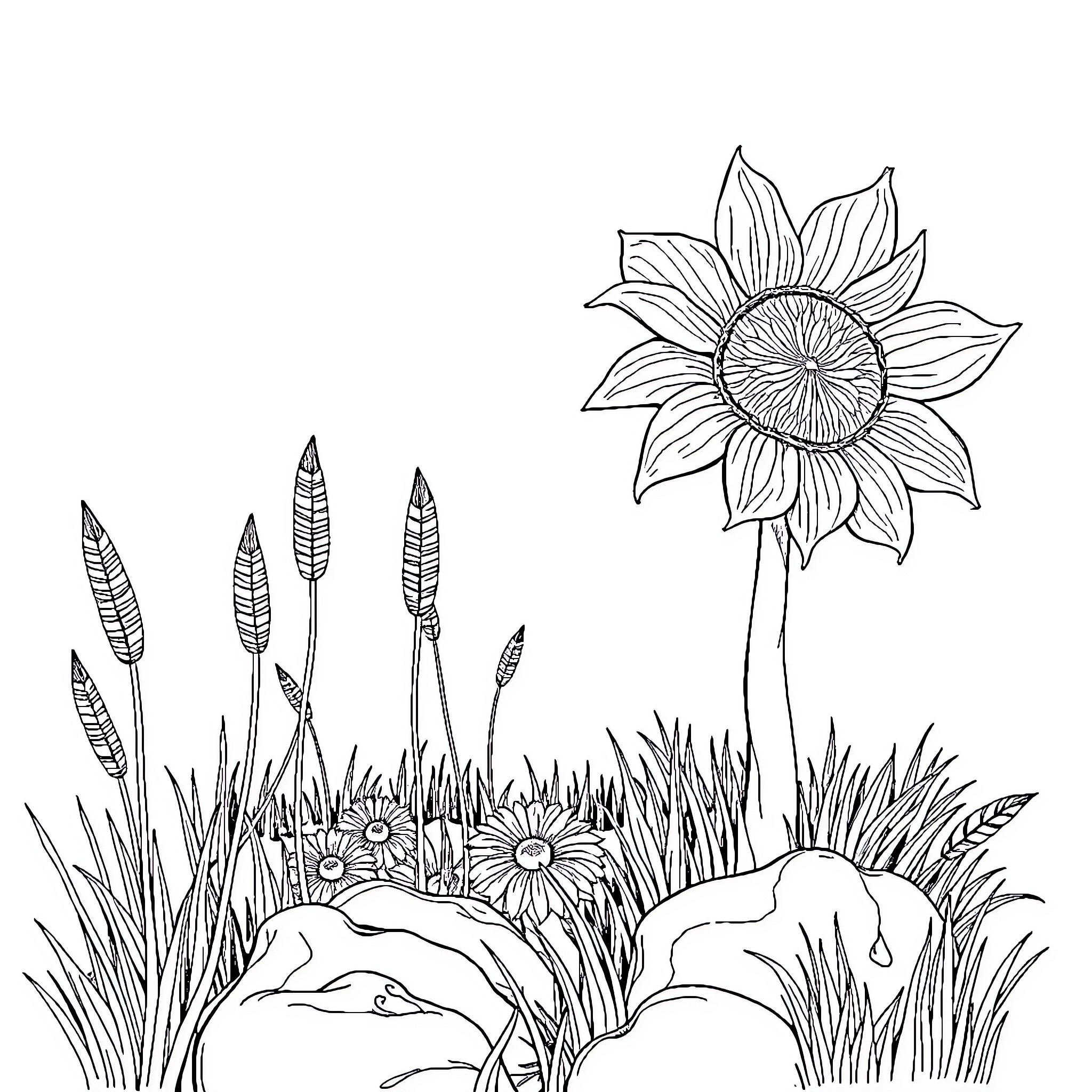 Sketch of Blooming Sunflower in Grassy Field Coloring Page (free black-and-white line drawing printable PDF for all, from beginners to advanced learners, including children, teens, adults, and seniors)