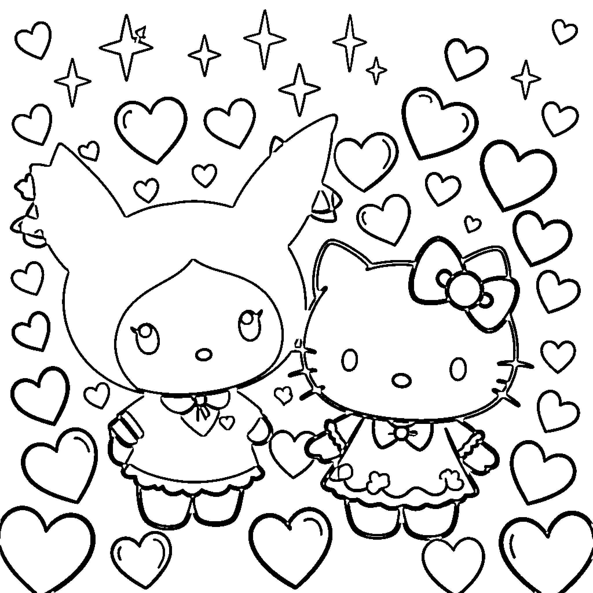 Kuromi and Hello Kitty in a whimsical scene Coloring Page (free black-and-white line drawing printable PDF for all, from beginners to advanced learners, including children, teens, adults, and seniors)