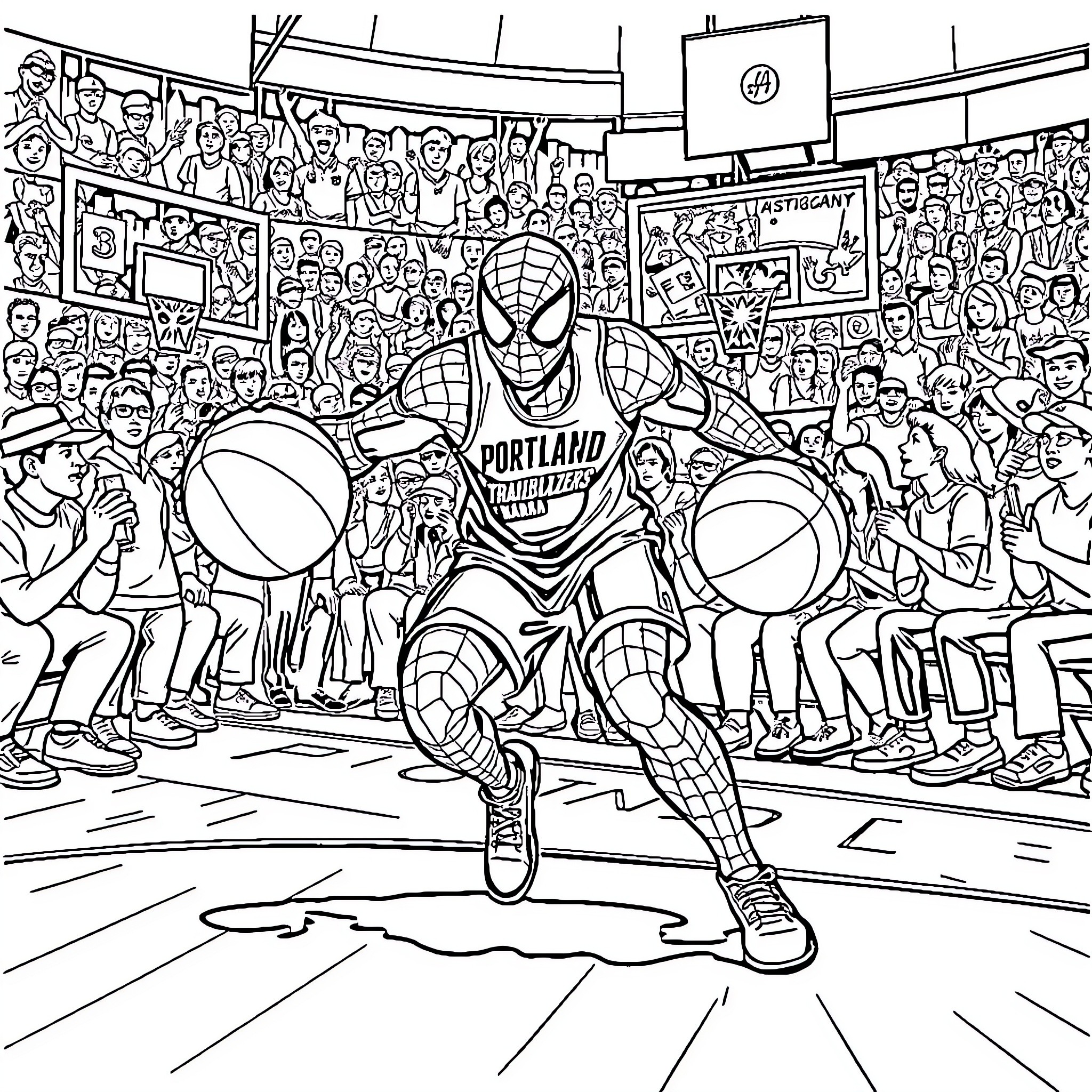 Spiderman Swinging through a Crowded Basketball Arena Coloring Page (free black-and-white line drawing printable PDF for all, from beginners to advanced learners, including children, teens, adults, and seniors)