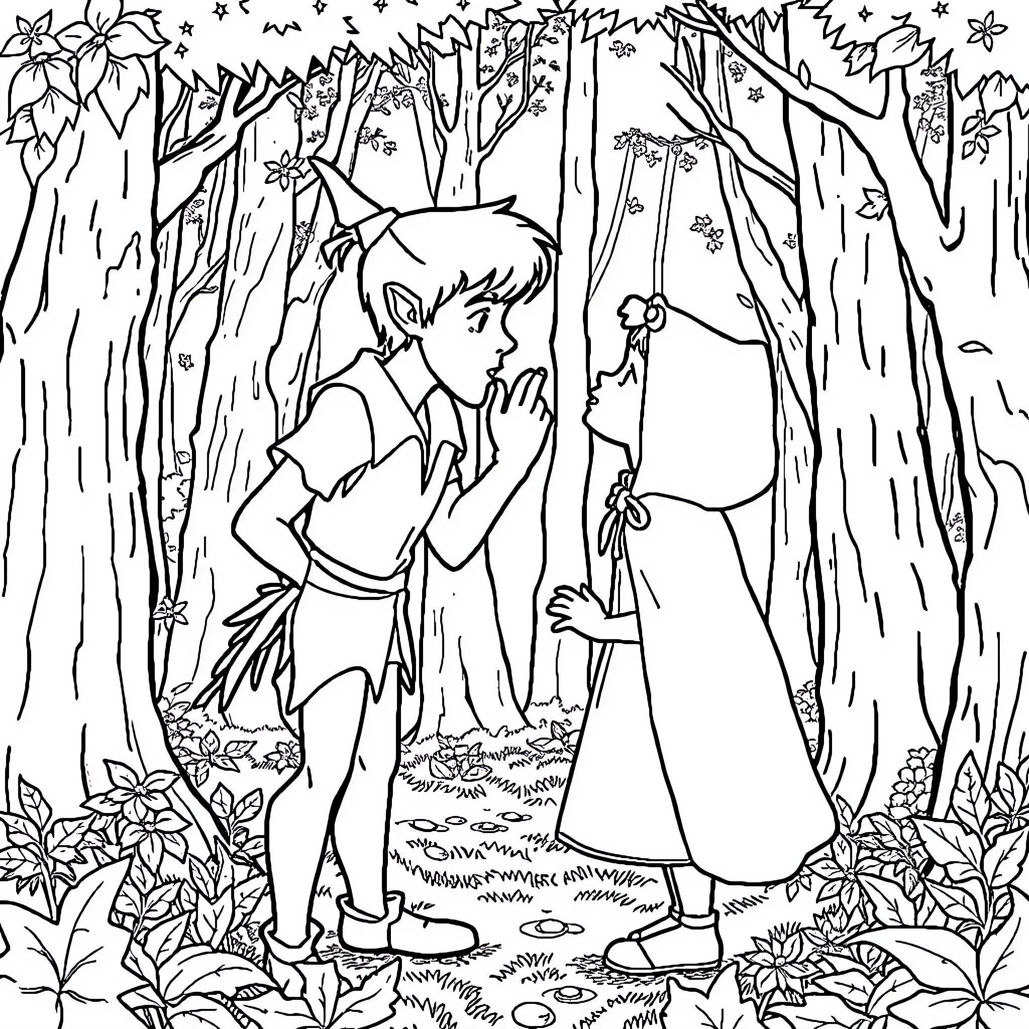 Peter Pan and Wendy explore the enchanted forest Coloring Page (free black-and-white line drawing printable PDF for all, from beginners to advanced learners, including children, teens, adults, and seniors)